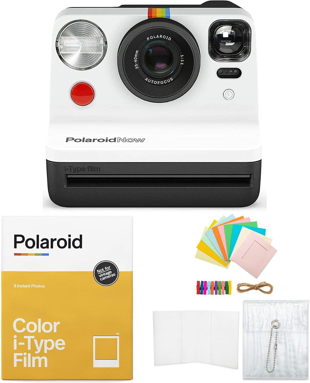 Polaroid Originals Now i-Type Instant Film Camera (Black and White) Bundle with Color Instant Film for i-Type Cameras and Reusable Vintage Accessory Bundle (3 Items)