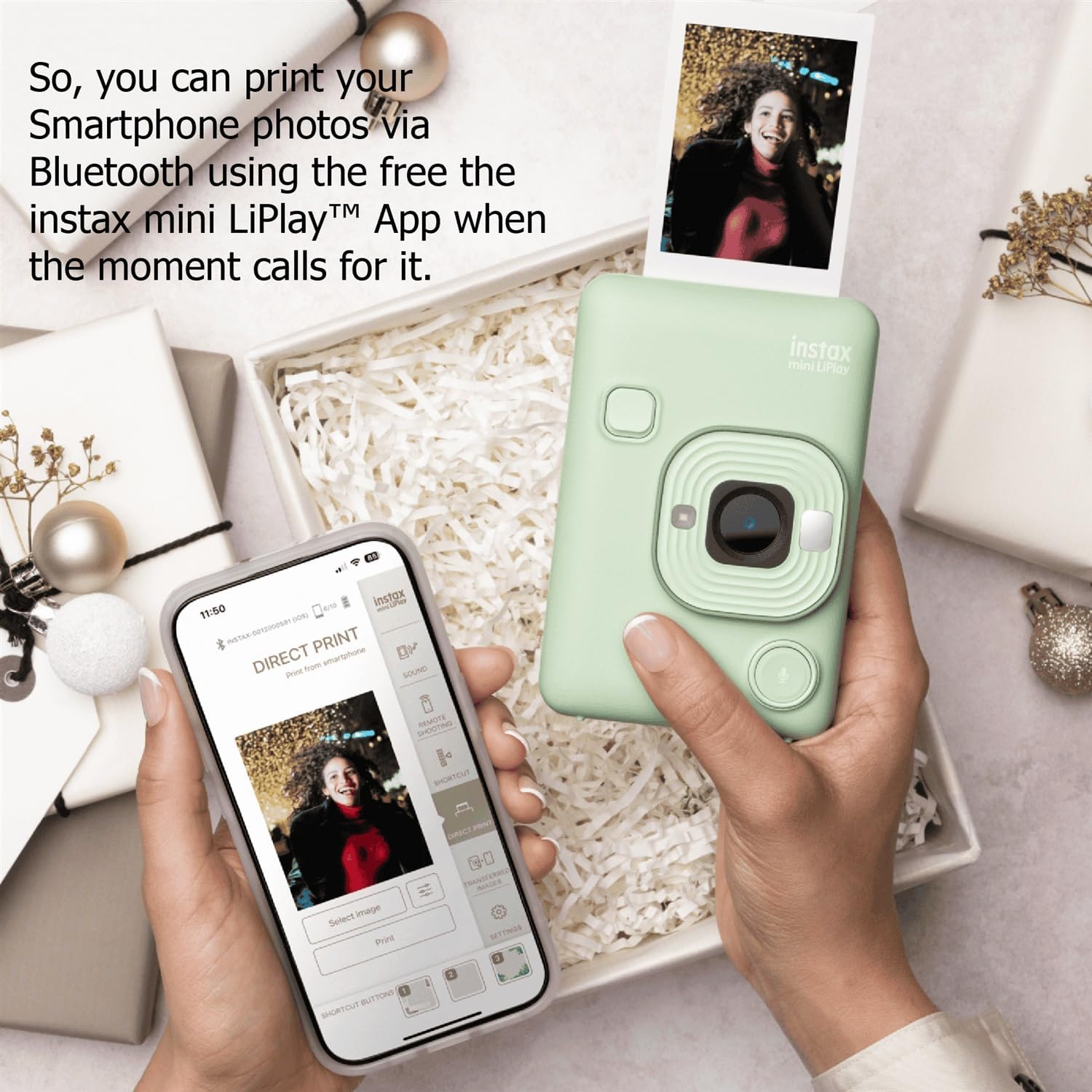 Fujifilm INSTAX Mini LiPlay Hybrid Instant Camera Bundle with 20 Sheets INSTAX Mini Film, 32GB microSD Card, USB Charging Cable, Hand Strap, Cleaning Cloth (Matcha Green)