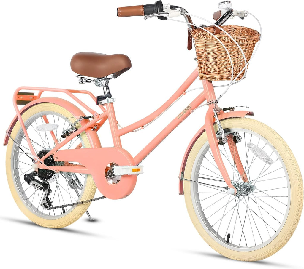 Glerc 20 24 26 Inch Beach Cruiser Bike, 6-Speed Hybrid City Bicycle for Girls Youth and Over 6 Years Old, Missy Bike with Wicker Basket & Lightweight, Multiple Colors