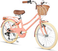 Glerc 20 24 26 Inch Beach Cruiser Bike, 6-Speed Hybrid City Bicycle for Girls Youth and Over 6 Years Old, Missy Bike with Wicker Basket & Lightweight, Multiple Colors