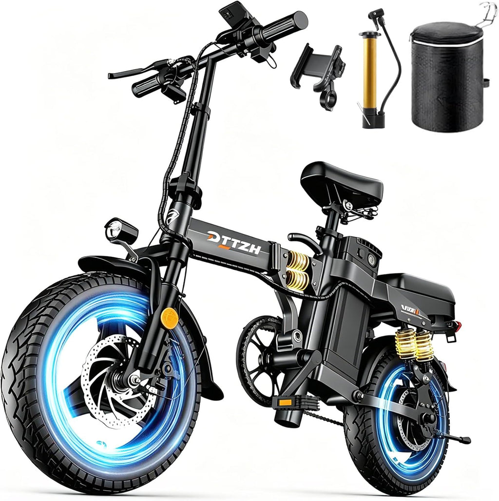 DTTZH Foldable Ebike with Keyless Ignore, 1000/2000W, 40/28MPH, 52V 25Ah/48V 15Ah, Max 60-80 Miles Range Folding Electric Bike, 14' Commuter Adult Electric Bicycle, UL2849 Certified E Bike