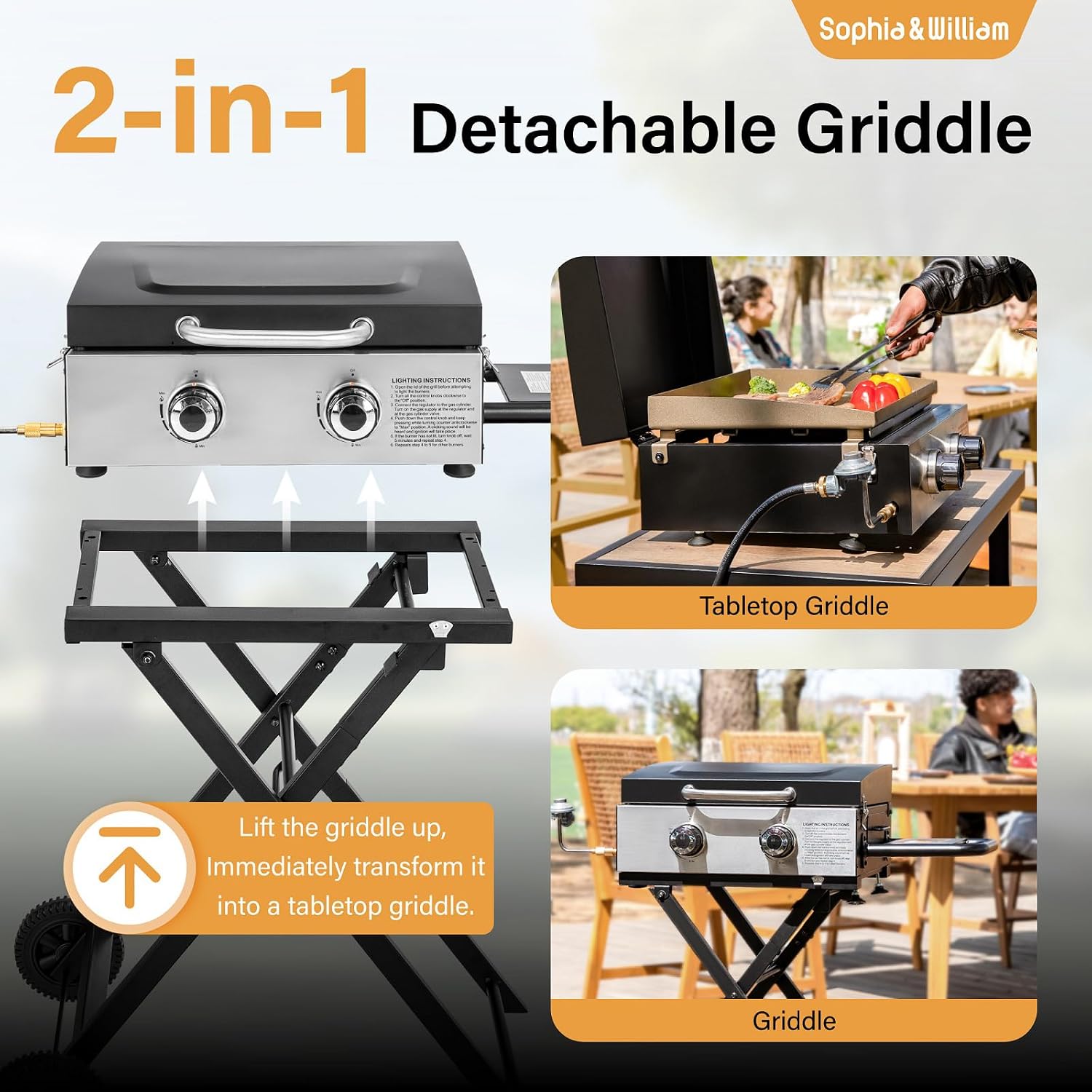 Sophia & William Portable Gas Grill Griddle, Small Propane BBQ grill with Foldable Legs & Wheels for Outdoor Barbecue, Camping, Tailgating, Roadtrip, RV, 2 Burner Flat Top Griddle, 20,000 BTU, Black