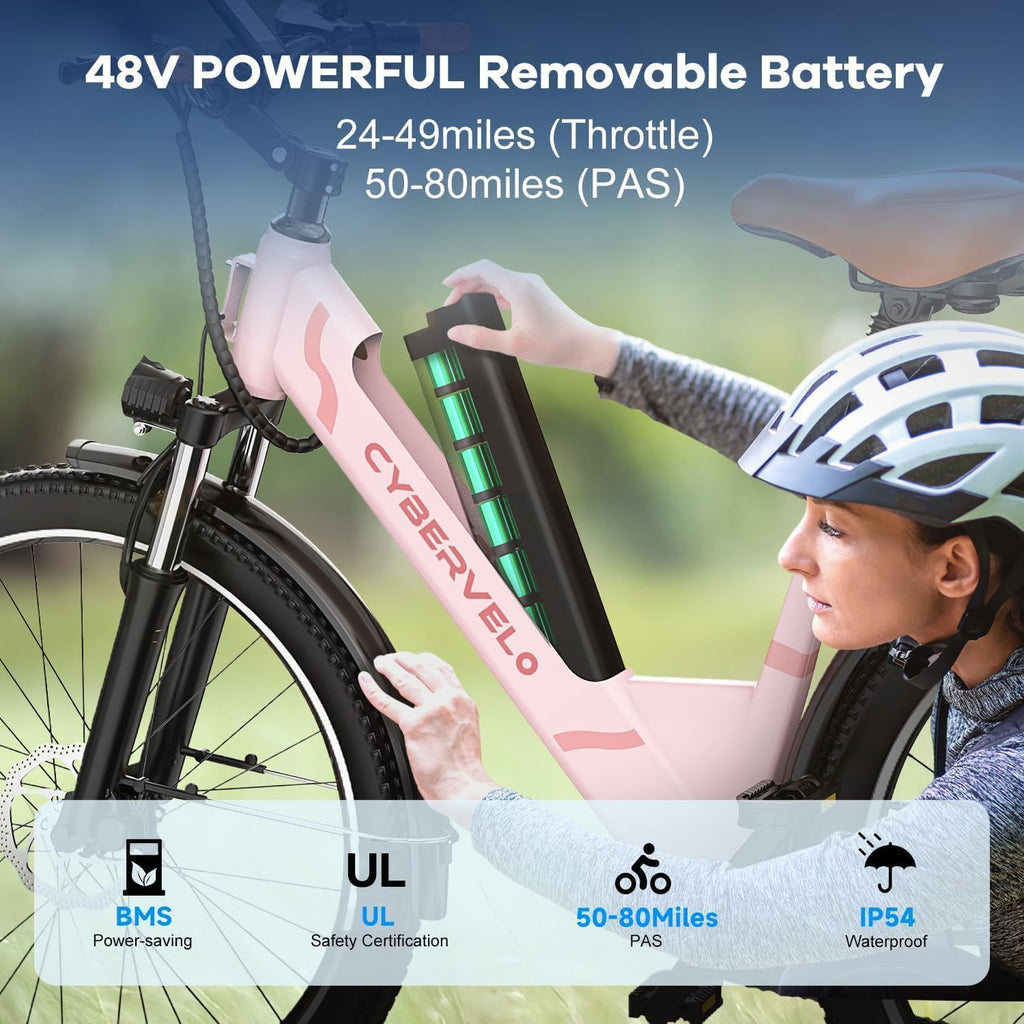 Cybervelo 750W Peak Electric Bike for Adults,up 80 Miles Removable Battery Ebike, 26' Electric E Bike with 7-Speed,Adult Electric Bicycles for Commute Beach Snow Womens/Man All Terrain