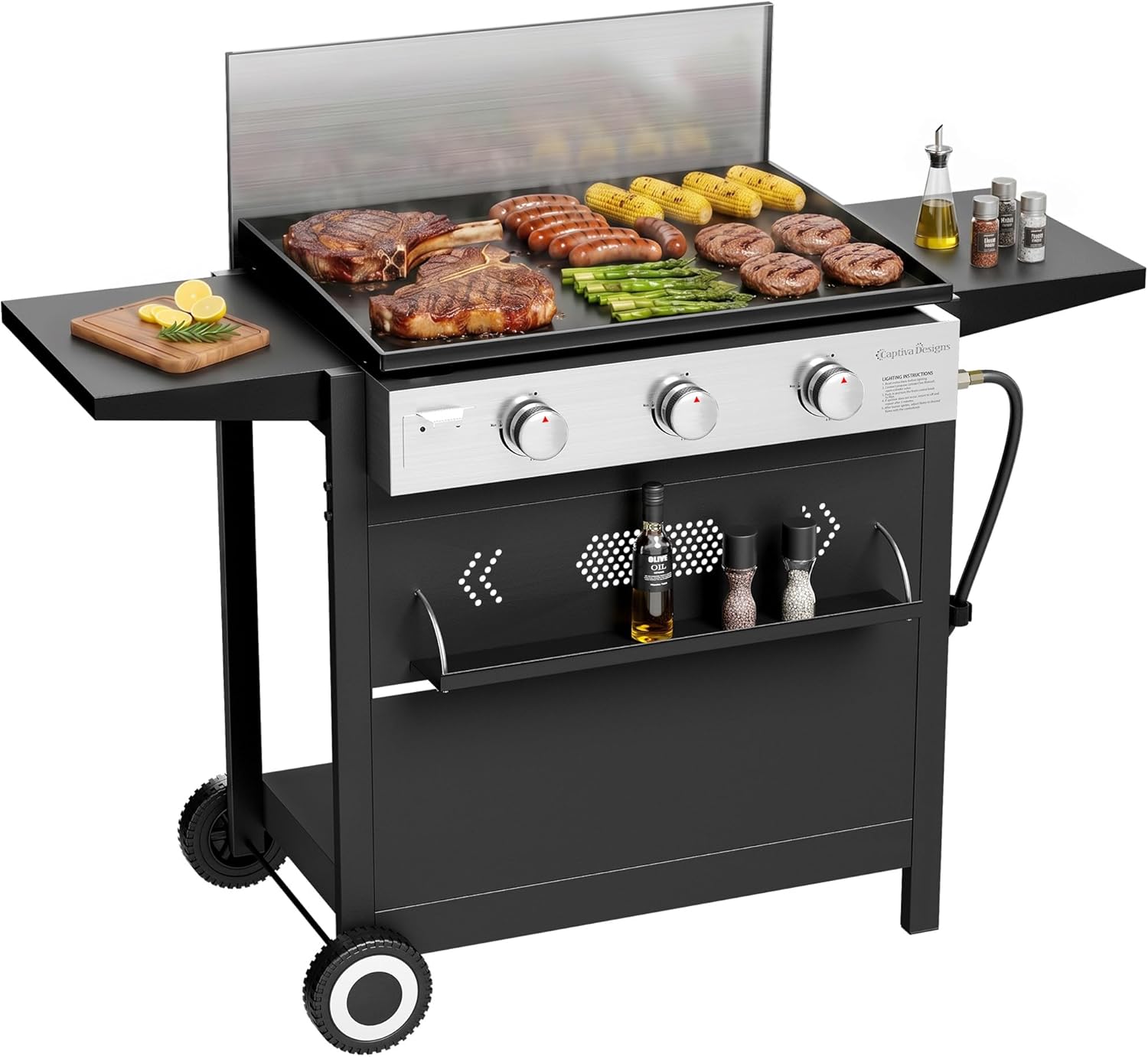 Captiva Designs 27 in Flat Top Griddle Grill with Ceramic Coated Cast Iron Pan, 3-Burner Propane Gas Griddle Grill, 33,000 BTU Output Flattop Grills for Outdoor Barbecue, Cooking and Party