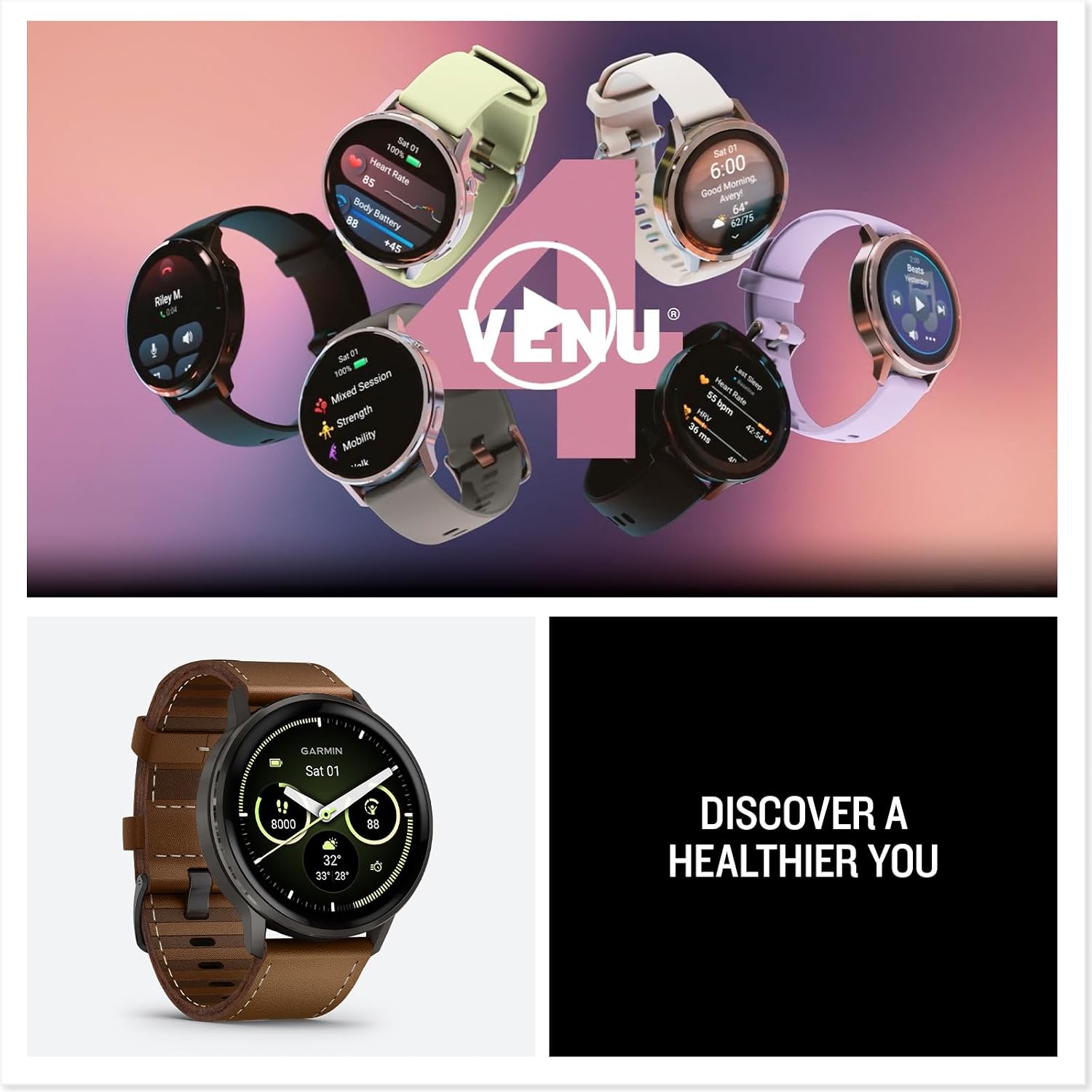 Garmin Venu® 4, 45mm, Advanced Health and Fitness GPS Smartwatch,Bright Colorful Display,Built-in Flashlight,12 Days of Battery Life, Slate with Black Silicone and Brown Leather Band - 2 Bands