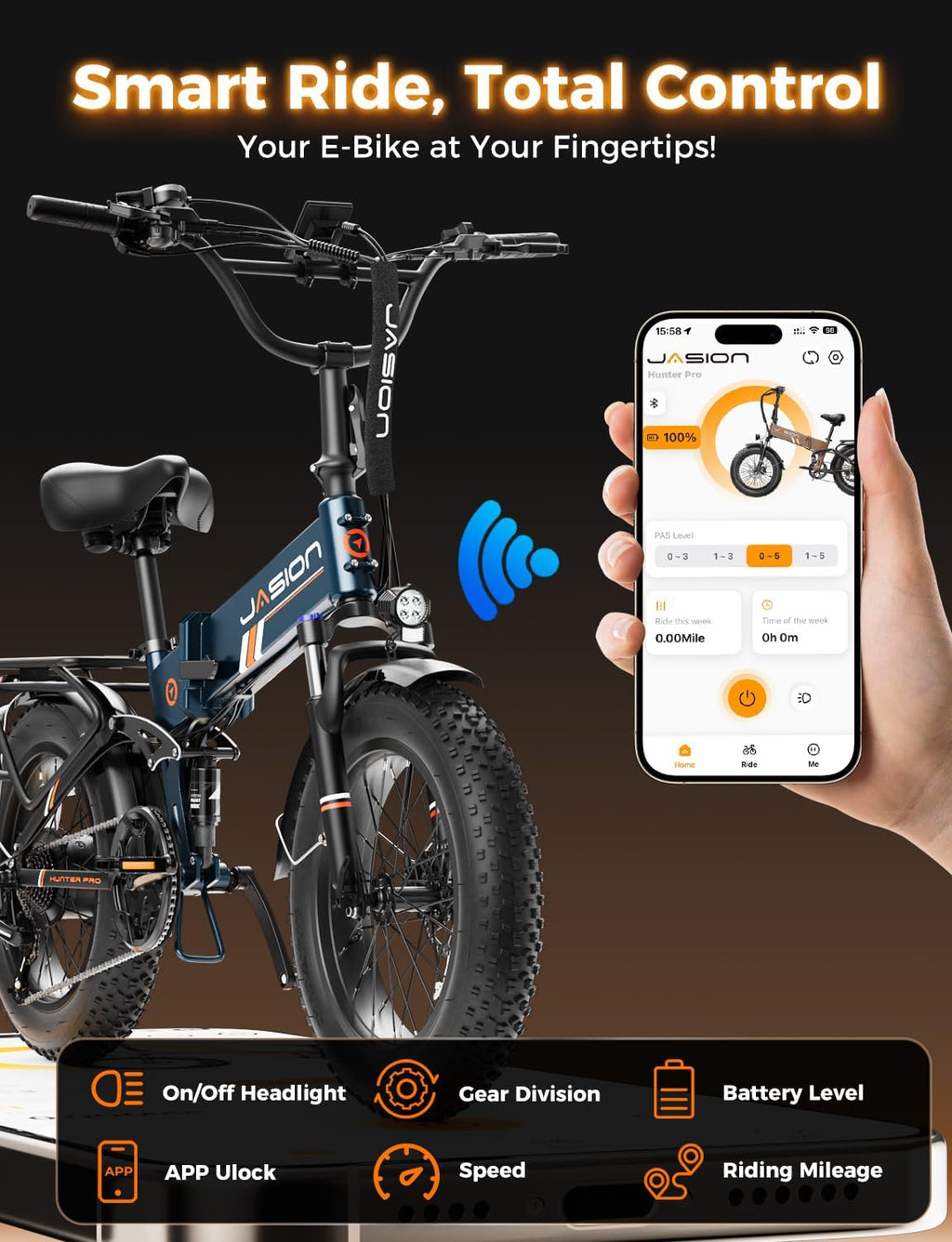 Jasion X Hunter/PRO Electric Bike for Adults,1800W/1400W Peak 20''Fat Tire Foldable Ebike,Folding E Bike Up to 80/70 Miles Range,720/624WH Removable Battery,30 MPH E Bike,Certified by UL2849