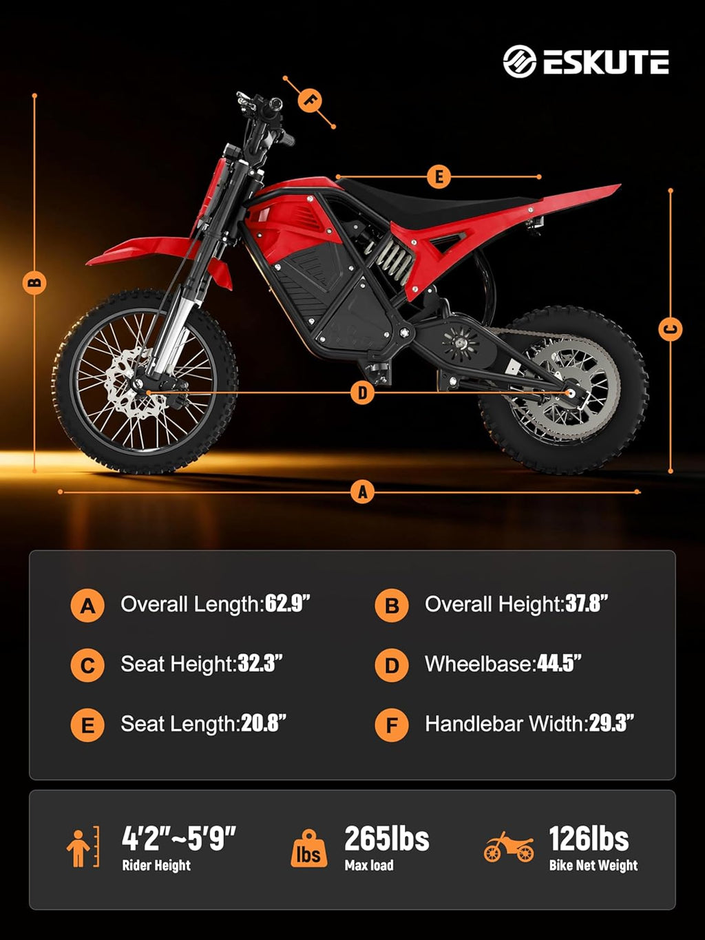 ESKUTE Electric Dirt Bike for Teens Adults, Mid-Drive Motor 3500W Peak, Electric Motorcycle 48V23Ah Battery, 53-Mile Range, 38mph, Hydraulic Nitrogen Dual Shock Absorbers