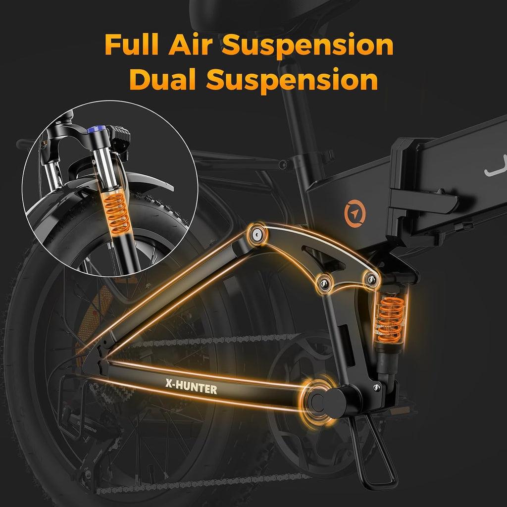 Jasion X-Hunter Foldable Electric Bike for Adults, 1400W Peak Motor, Up to 30MPH 70+Miles, 624Wh Removable Battery, 20″*4 Fat Tires Bicycle, Full Suspension & 7-Speed EBike for Commute, Snow, Mountain