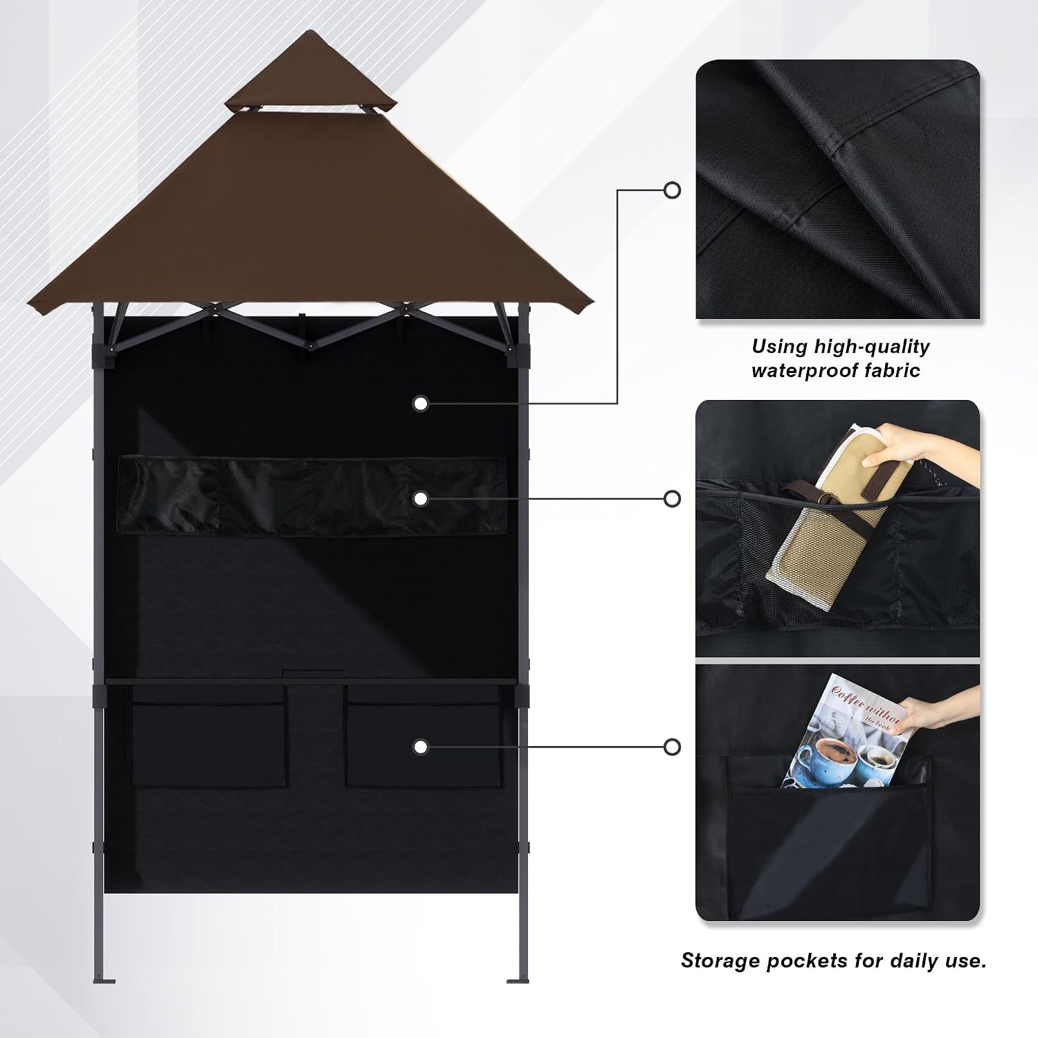 ABCCANOPY 8x5 Pop Up Grill Gazebo - Outdoor BBQ Canopy with Shelf & Sidewall, Portable Barbeque Shelter with 2 Magnetic LED Lights, Carry Bag for Patio Garden Events Picnic Grilling, Brown