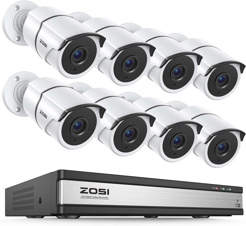 ZOSI 16 Channel Wired Security Camera System,8 x 1080P Outdoor Metal CCTV Cameras with Audio,AI Person/Vehicle Detection,120ft Night Vision,H.265+ 16CH DVR for Business & Home(No Hard Drive)