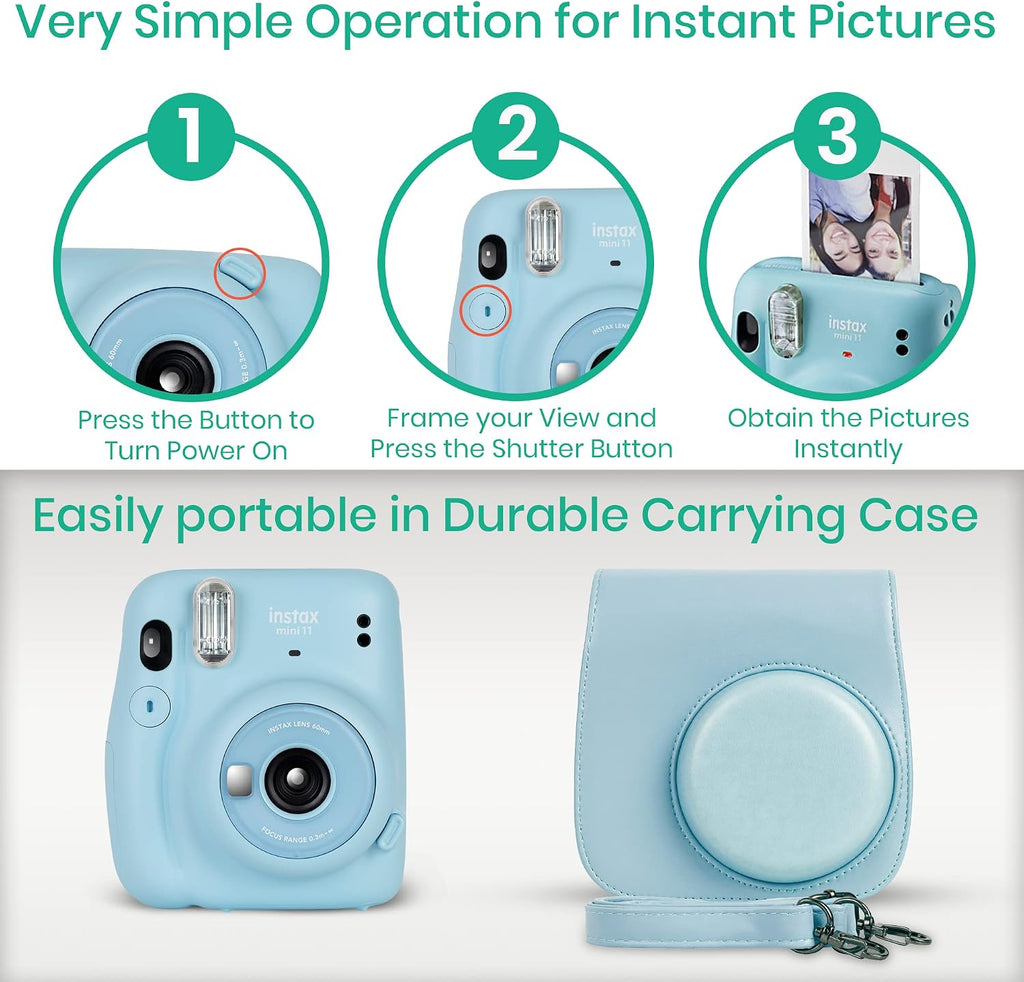 Fujifilm Instax Mini 11 Camera with Fujifilm Instant Mini Film (60 Sheets) Bundle with Deals Number One Accessories Including Carrying Case, Selfie Lens, Photo Album, Stickers (Sky Blue)