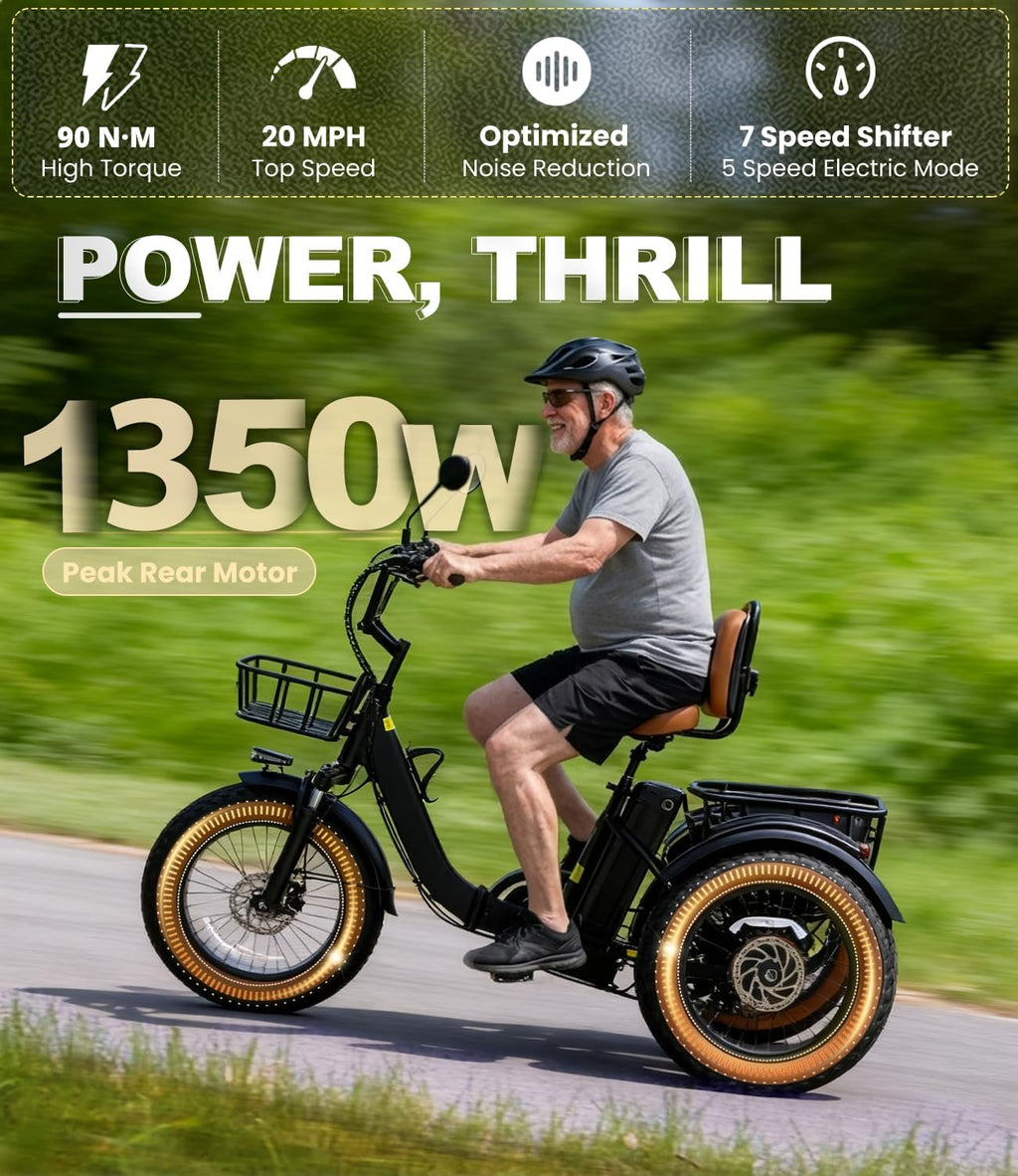 KAKIGO Electric Tricycle for Adults,Peak 1350W Motor Etrike,48V15.6Ah Ebike,20'x4'Fat Tire Aluminum Folding Electric Trike,3-Wheel Electric Bike,20MPH,Front&Rear Basket&Differential