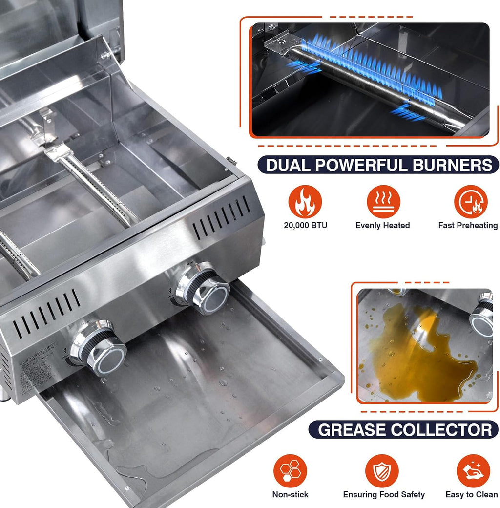 Llamaviva Tabletop Propane Gas Grill, 2 Burner 20,000 BTU Stainless Steel Portable BBQ Grill, Compact Outdoor Grill for Camping, RV, Patio, Tailgating, Picnic, Backyard Cooking