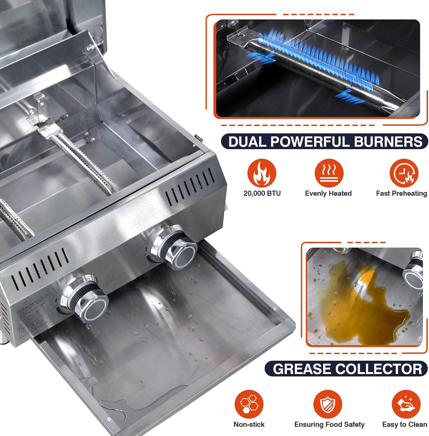 Llamaviva Tabletop Propane Gas Grill, 2 Burner 20,000 BTU Stainless Steel Portable BBQ Grill, Compact Outdoor Grill for Camping, RV, Patio, Tailgating, Picnic, Backyard Cooking
