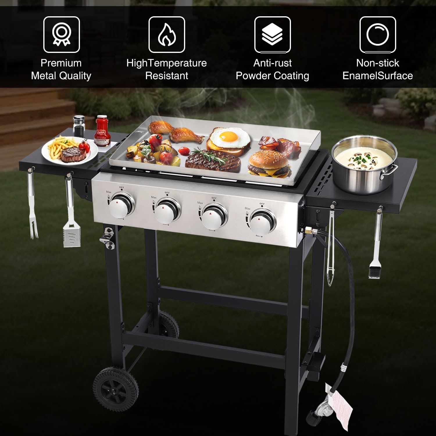 Propane Gas Griddle 4-Burner, Flat Top Grill Griddle, Outdoor Gas Stove with Foldable Side Tables, Wheels - 40,000 BTUs Output, 291 sq.in Cooking Area, for Patio Barbecue, Backyard, BBQ