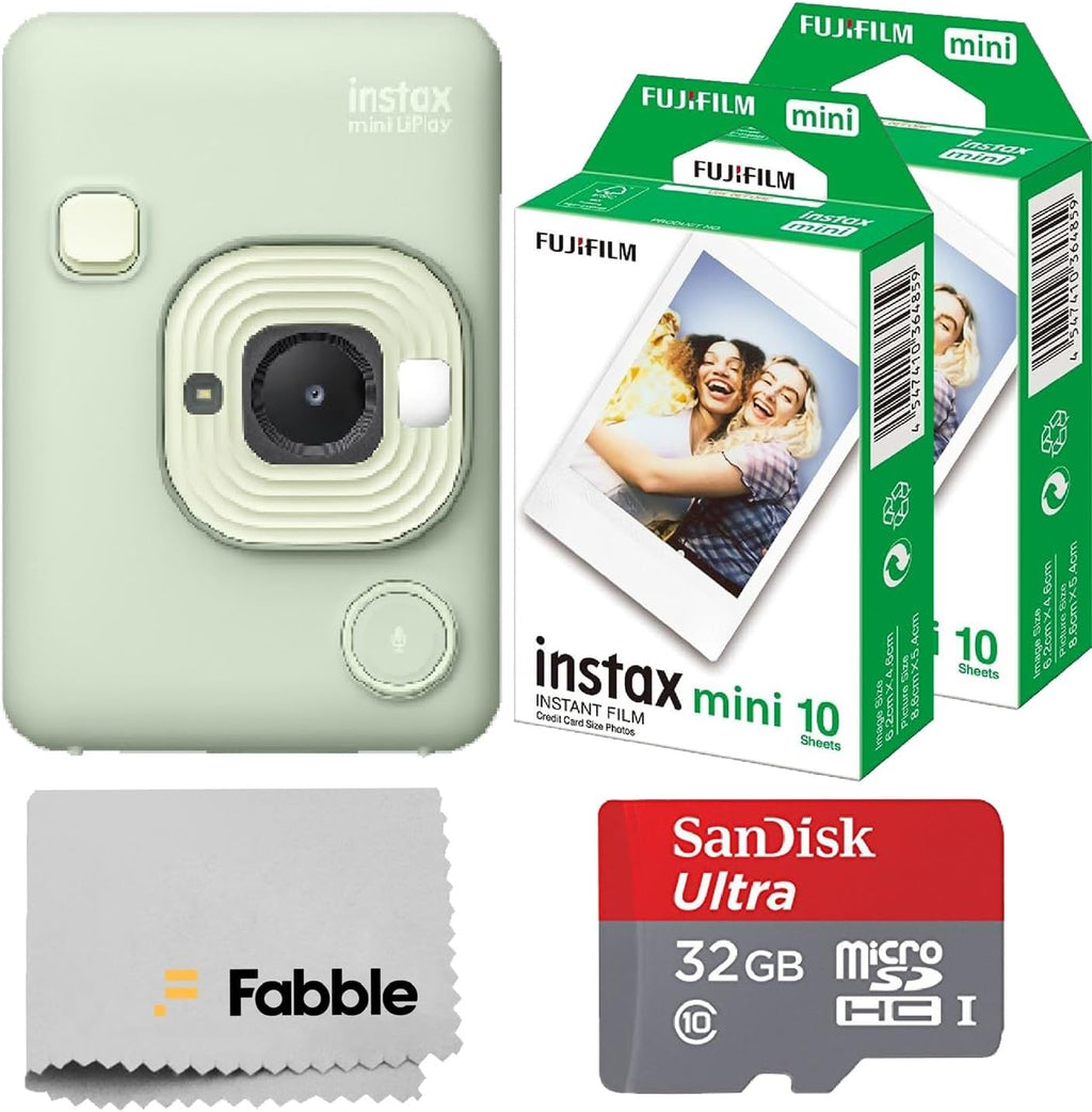 Fujifilm INSTAX Mini LiPlay Hybrid Instant Camera Bundle with 20 Sheets INSTAX Mini Film, 32GB microSD Card, USB Charging Cable, Hand Strap, Cleaning Cloth (Matcha Green)