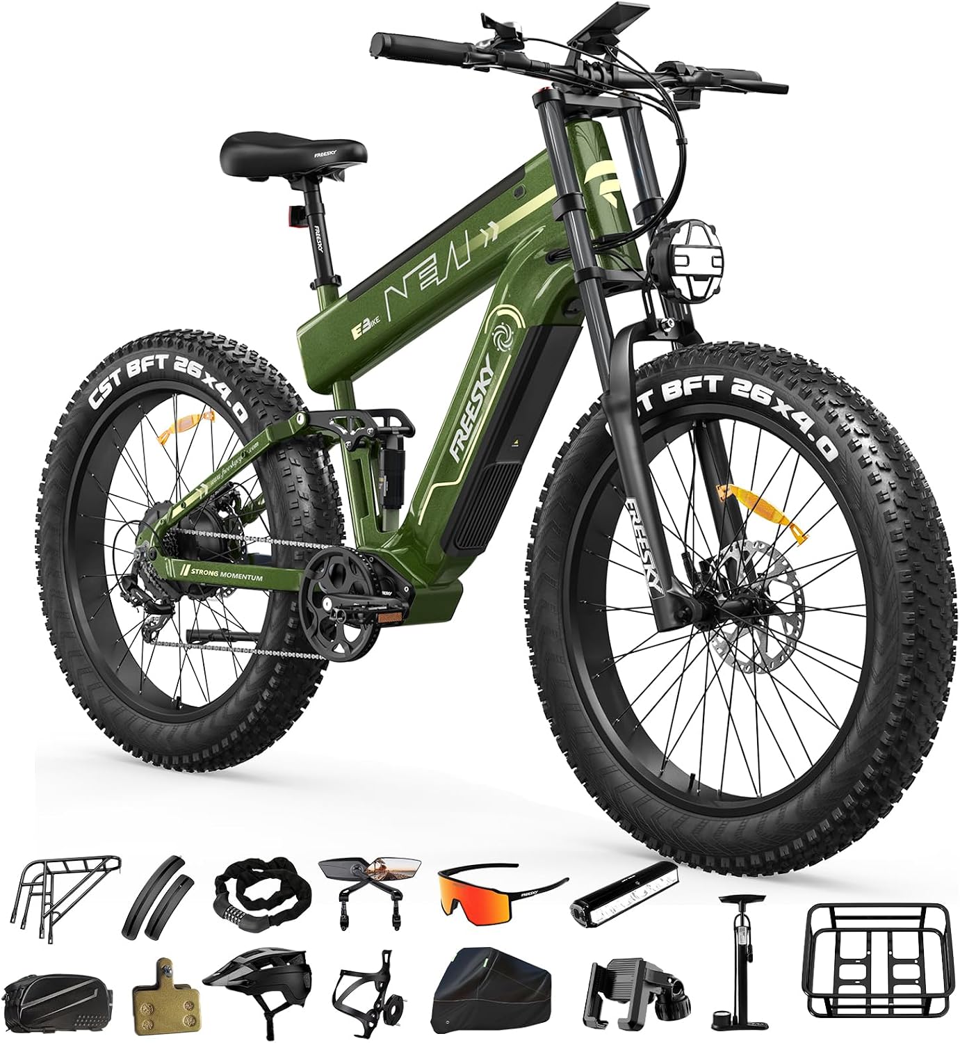 FREESKY 2026 Alaska Pro Dual Battery 48V 45AH 200 Miles 40MPH Electric Bike for Adult, 4000W High-Torque Motor Long Range Fat Tire Ebike, 26' Full Suspension Mountain E Bike, UL 2849 Certified by TÜV