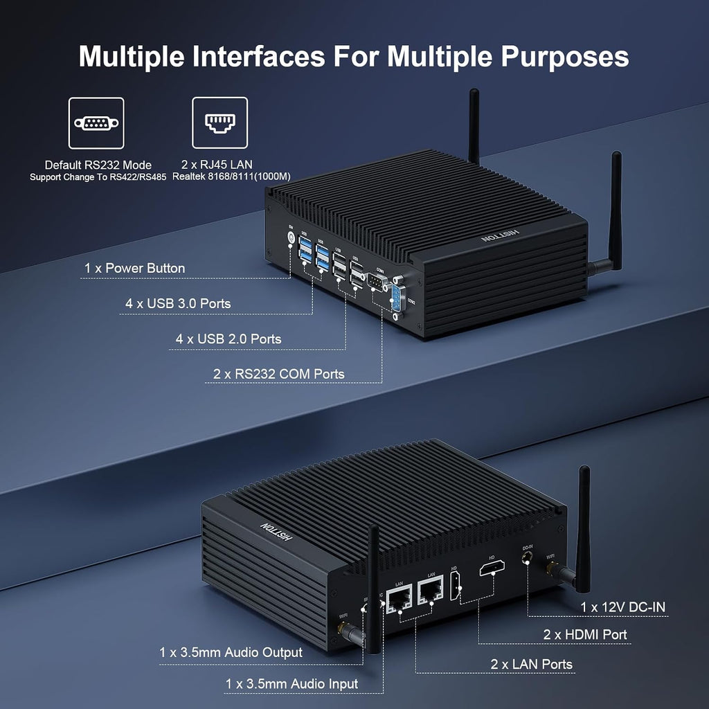 HISTTON Industrial Mini PC, Fanless Mini PC, Dual Core i5-8265U, DDR4 8GB RAM 256GB SSD, 2 LAN, WiFi, BT4.2, Mini Desktop PC 2 RS232 COM, Dual HD, USB3.0, Mini Computer Windows 11 Pro/Linux