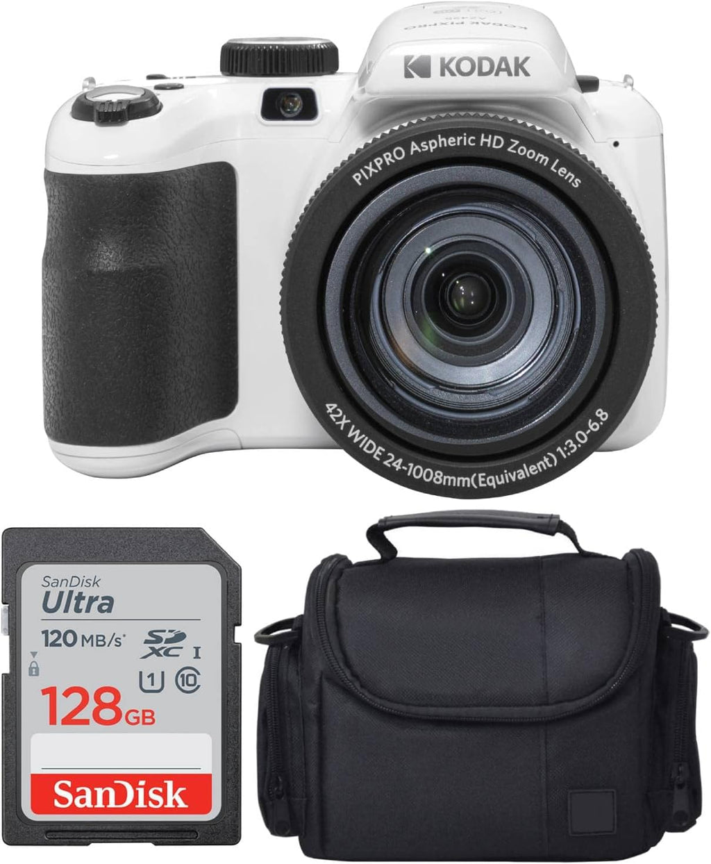 Kodak PIXPRO AZ425 Digital Camera + Camera Case + 128GB Memory Card (White)