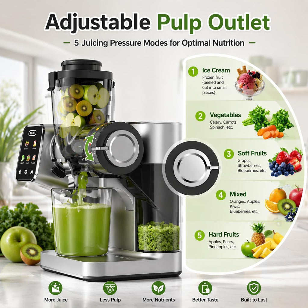WETIE Cold Press Juicer, Powerful Juicer Machines with Adjustable Juicing Pressure, 99% High Juice Yield, Quiet Slow Masticating Juicer with Touch Screen, 3.54'' Feed Chute, Easy to Clean with Brush
