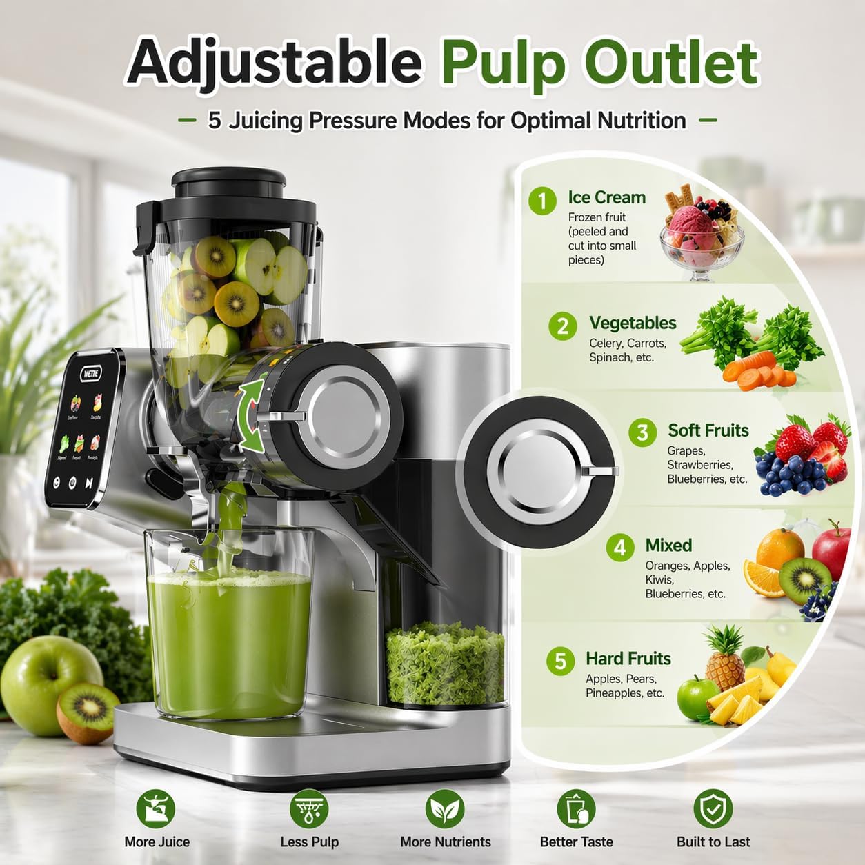 WETIE Cold Press Juicer, Powerful Juicer Machines with Adjustable Juicing Pressure, 99% High Juice Yield, Quiet Slow Masticating Juicer with Touch Screen, 3.54'' Feed Chute, Easy to Clean with Brush