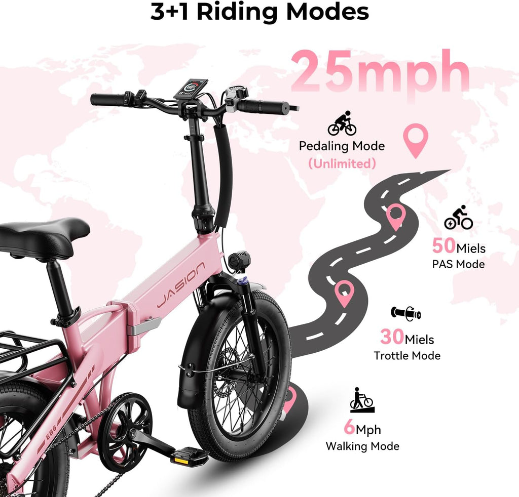 Jasion EB6 Foldable Electric Bike for Adults,【1200W Peak Motor, 25 MPH, 50 Miles Range】 20' Fat Tire Ebike with 48V Built-in Battery, Lightweight Aluminum Frame E Bike for Commuting, Off-Road, Travel