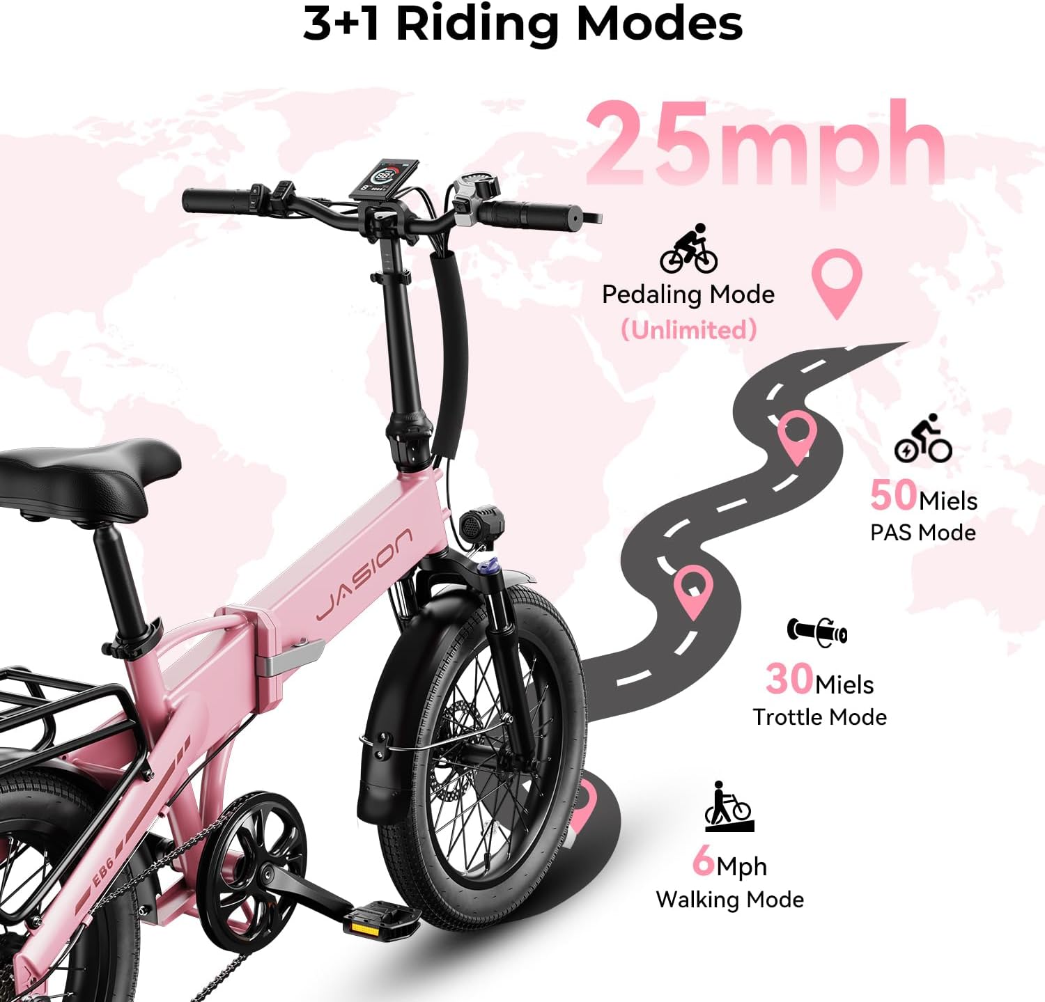 Jasion EB6 Foldable Electric Bike for Adults,【1200W Peak Motor, 25 MPH, 50 Miles Range】 20' Fat Tire Ebike with 48V Built-in Battery, Lightweight Aluminum Frame E Bike for Commuting, Off-Road, Travel