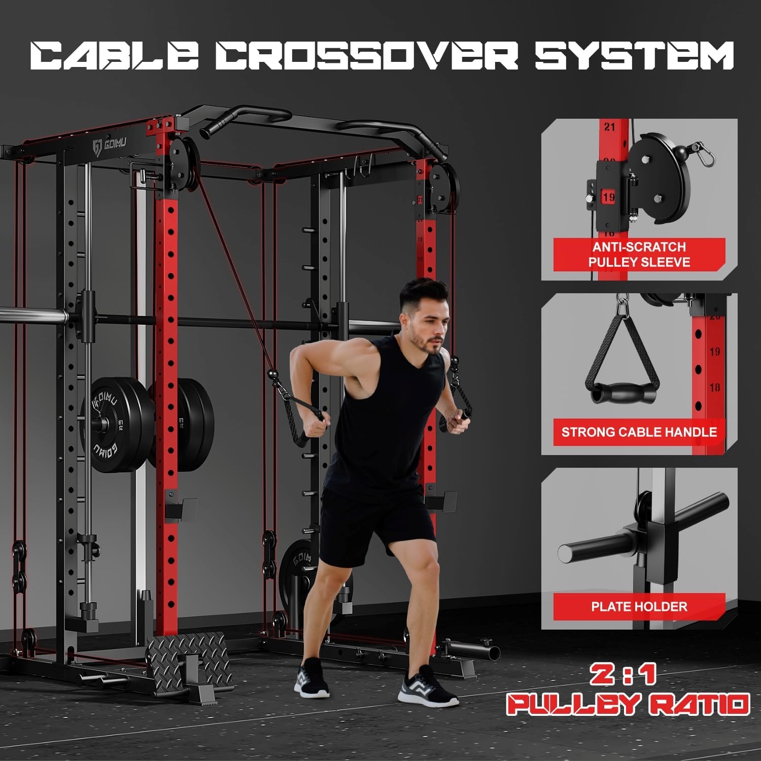 S1-V4 Smith Machine, 2000LBS Power Cage with Cable Crossover System, All-in-One Squat Rack with Smith Bar, Strength Training Equipment for Hone Gym