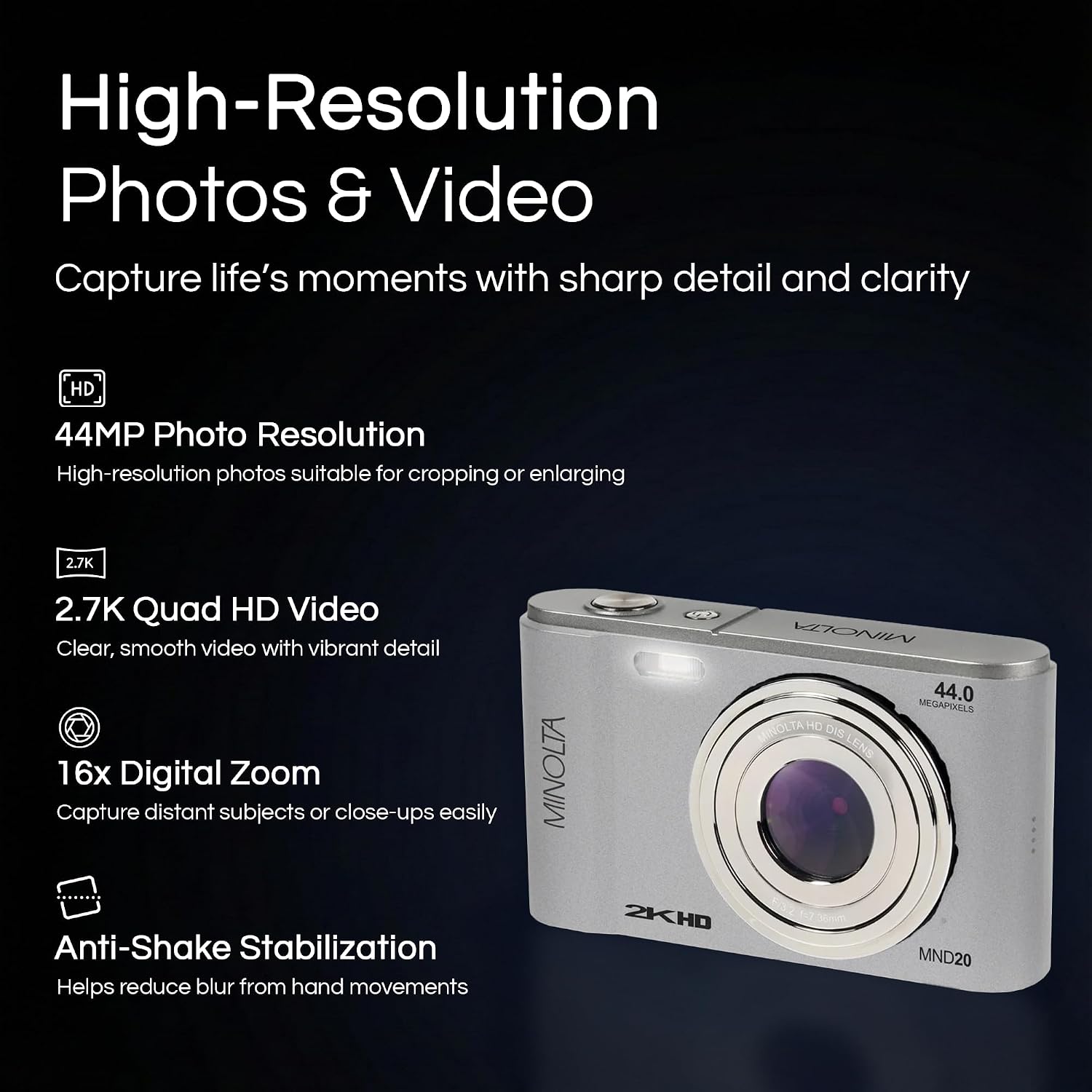 Minolta MND20 44MP Digital Camera – 2.7K Ultra HD Video, 16X Digital Zoom, Anti-Shake Stabilization, Time Lapse, Face Detection, 2.9-inch LCD Display – Lightweight Compact Camera (Silver)