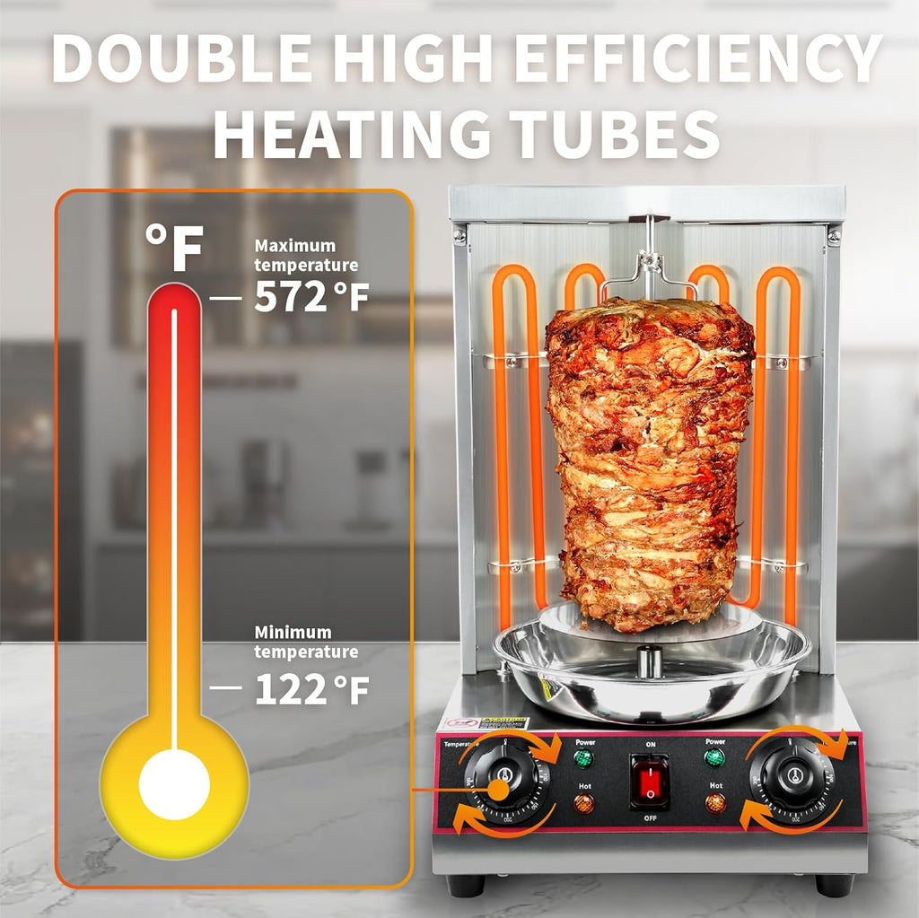 Shawarma Grill Machine, Electric Vertical Rotisserie with 2 Burners, Rotating Chicken Rotisserie Machine Broiler Gyro with Shovel