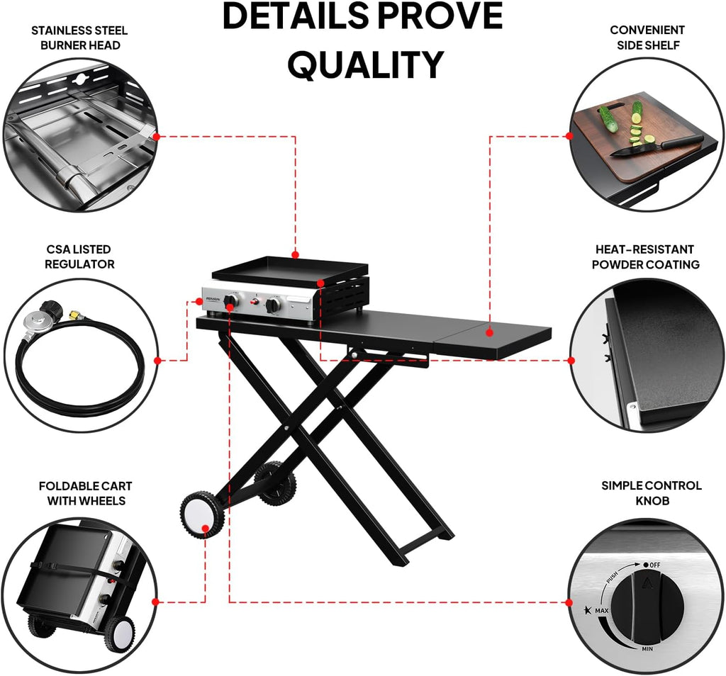 ROVSUN 20000 BTU Foldable Flat Top Gas Grill with Wheels & Enameled Tray, 2 Burner Portable Propane Griddle with Electronic Ignition & Regulator for Outdoor Cooking Camping BBQ Tailgating Picnicking