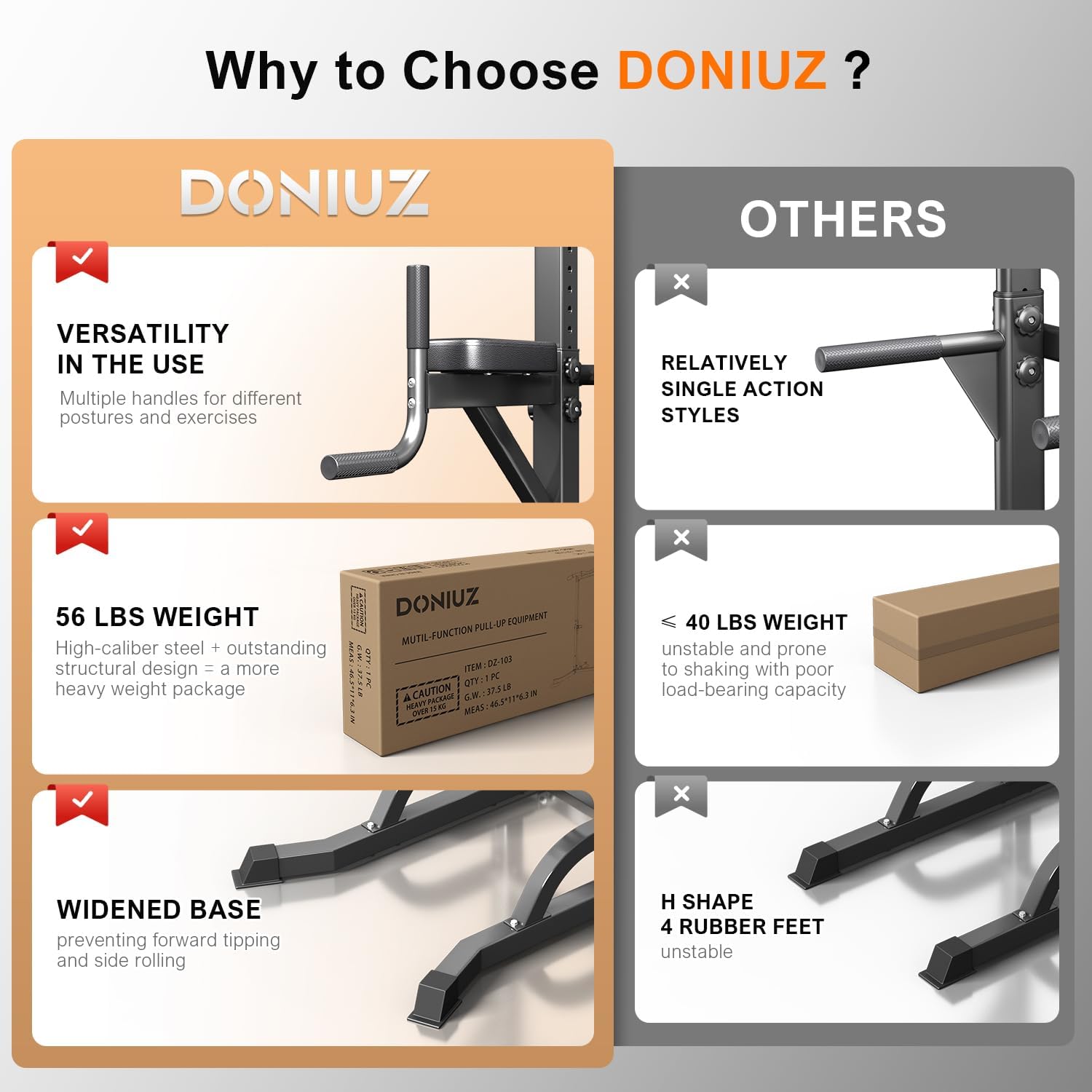 DONIUZ Power Tower Pull Up Bar and Dip Station, Multi-Function Home Gym, Strength Training Fitness Equipment, Height Adjustable