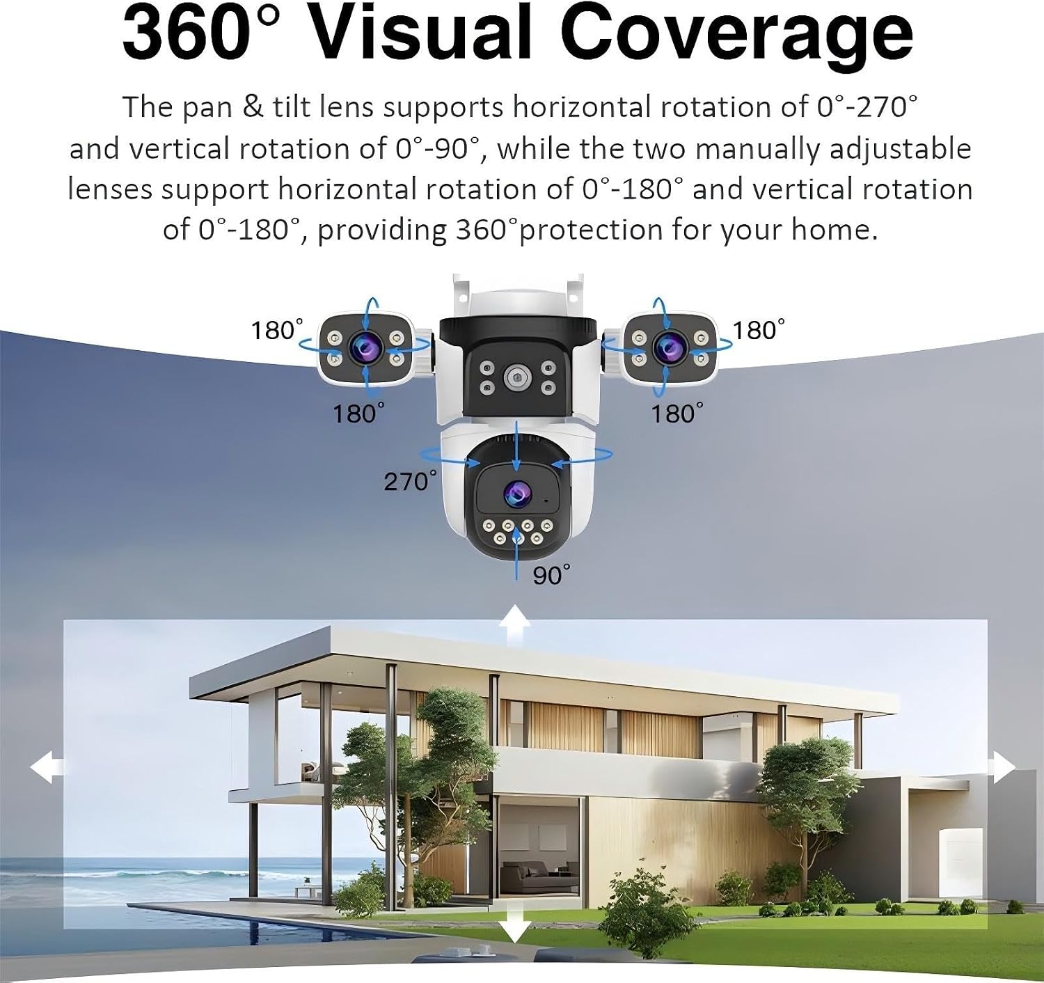 EVERSECU Triple Lens WiFi PTZ Security Camera, Three Cameras in One, Side Cameras with Adjustable All-Angle Arm, 2K 360° View No Blind Spot, Auto Tracking, Spotlight, 2 Way Audio（2pack