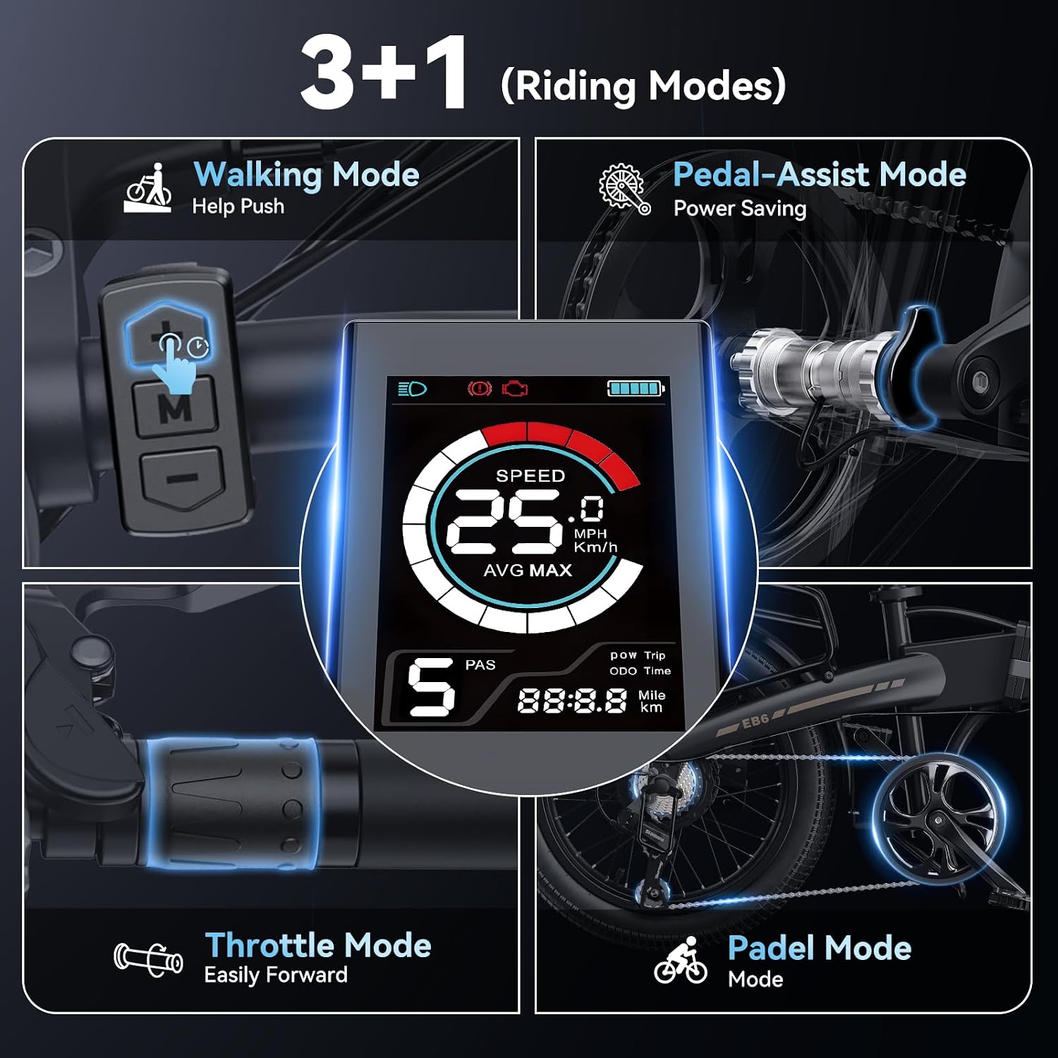 Jasion EB6 Foldable Electric Bike for Adults,【1200W Peak Motor, 25 MPH, 50 Miles Range】 20' Fat Tire Ebike with 48V Built-in Battery, Lightweight Aluminum Frame E Bike for Commuting, Off-Road, Travel