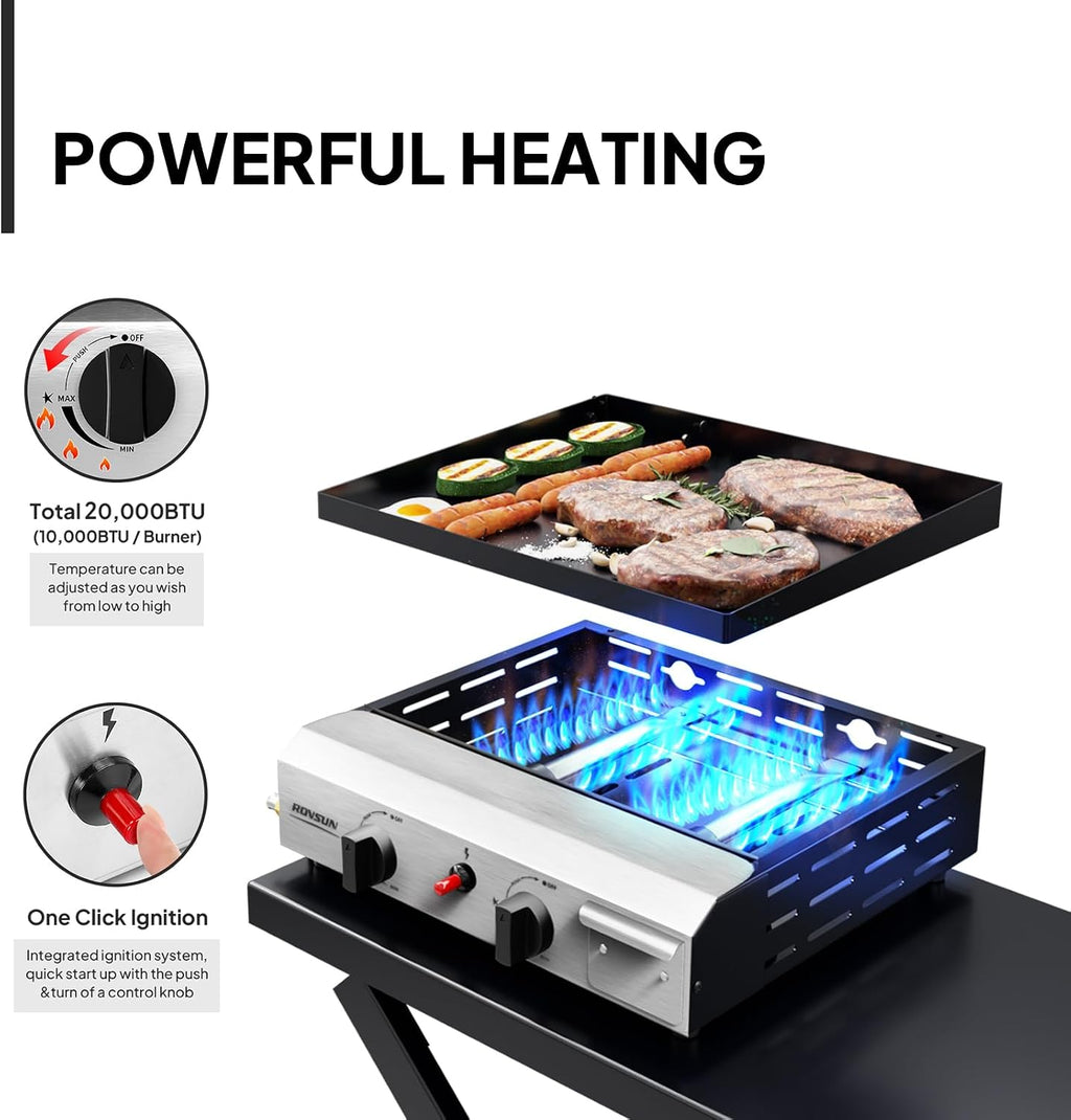 ROVSUN 2 Burner Foldable Propane Griddle with Wheels & Enameled Tray, 20000 BTU Portable Flat Top Gas Grill with Electronic Ignition & Regulator for Outdoor Cooking Camping BBQ Tailgating Picnicking