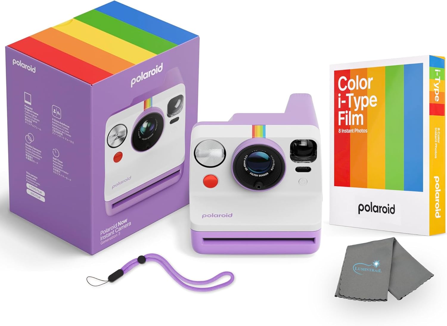 Polaroid Now 3rd Generation i-Type Instant Camera + 8 i-Type Color Film Bundle, Purple, Polaroid Camera Bundle with a Lumintrail Lens Cleaning Cloth