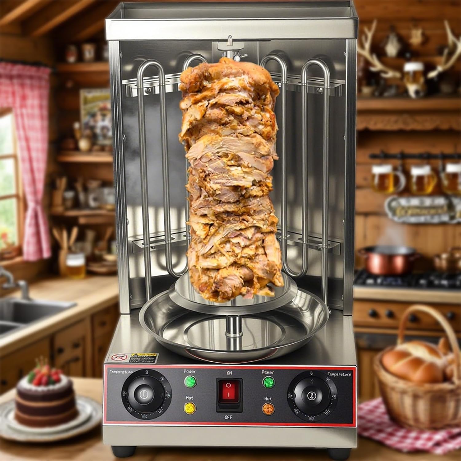 Shawarma Grill Machine Oven Rotisserie Kebab Turkey Machine, Automatic Rotation, 2 Electric Control Mashawarma Grill Machine Up to 570°F,Vertical Skewers, Stainless Steel, 110V 2.4kw
