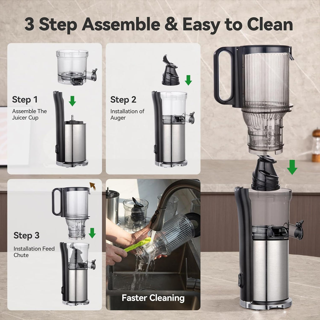 Juicer Machines, Cold Press Juicer with 5.0' Large Feed Chute Fit Whole Fruits & Vegetables, Stainless Steel Masticating Juicer With Pulp Seperation, 99% Juice Purity, 200W Quiet Motor, Easy to Clean
