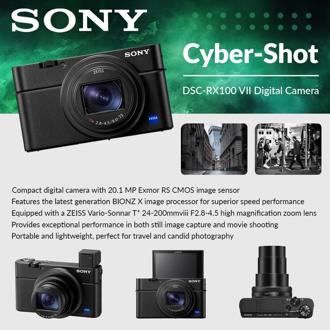 Sony Cyber-Shot RX100 VII Premium Compact Camera 1.0-Type Stacked CMOS Sensor and ZEISS 24-200mm Zoom Lens, Bundle with 64GB SD Card, Camera Bag, Sony 1-Year Limited Warranty