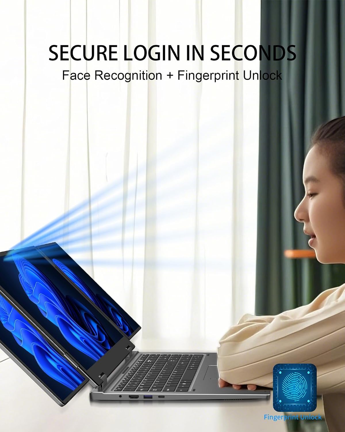 KOOFORWAY Triple Screen Laptop, 16' Main + Dual 10.5' Monitors, Core i7-12700H, 32GB RAM, 2TB SSD, Win 11 Pro, Wi-Fi 5, BT 5.0, Face & Fingerprint Unlock, USB-C, HDMI