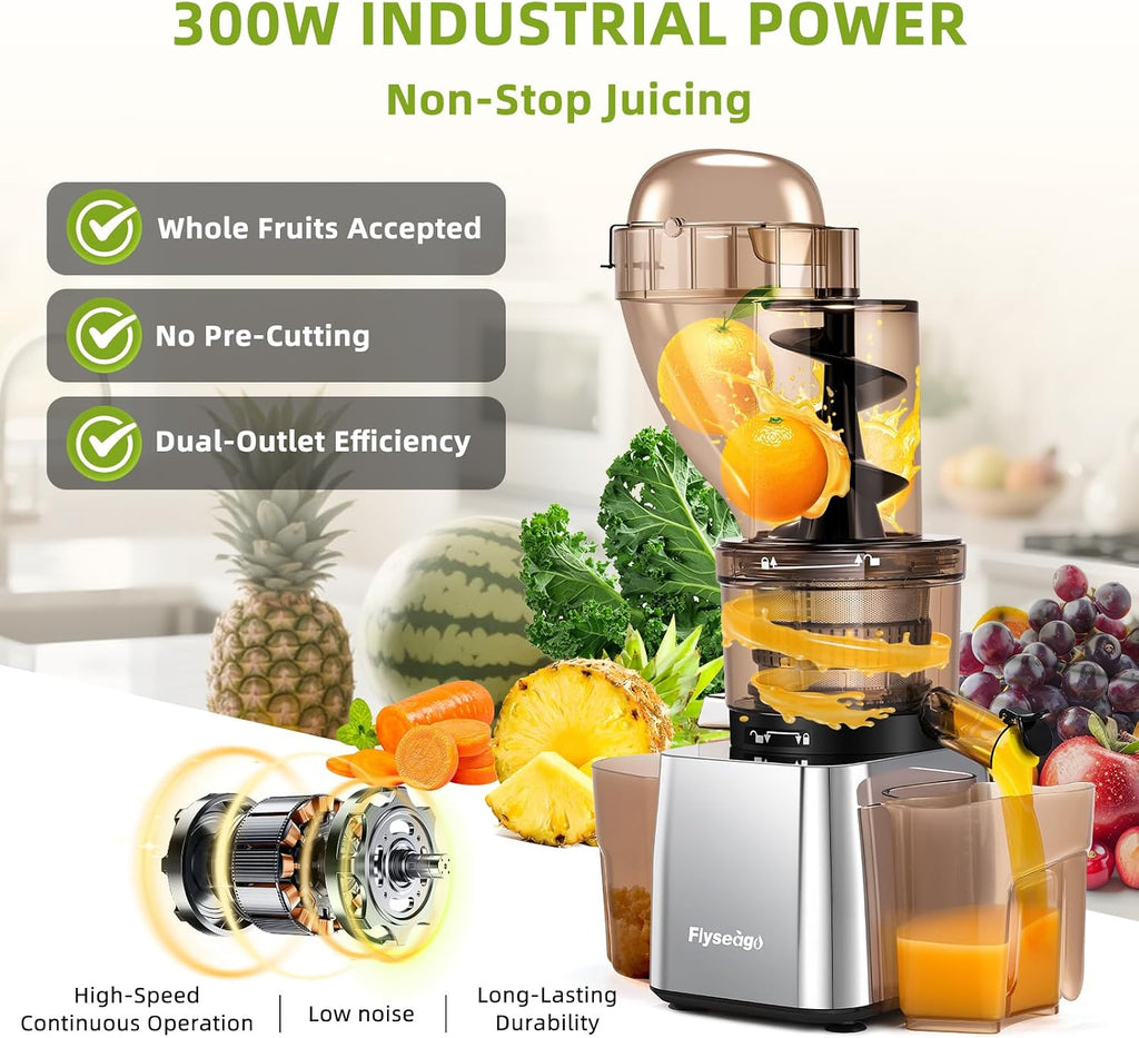 Commercial 300W Cold Press Juicer Machines - Dual Outlet for Juice & Pulp, High Yield, Masticating Juicers, Heavy Duty Stainless Steel, Quiet Motor, Easy Clean for Restaurants, Bars