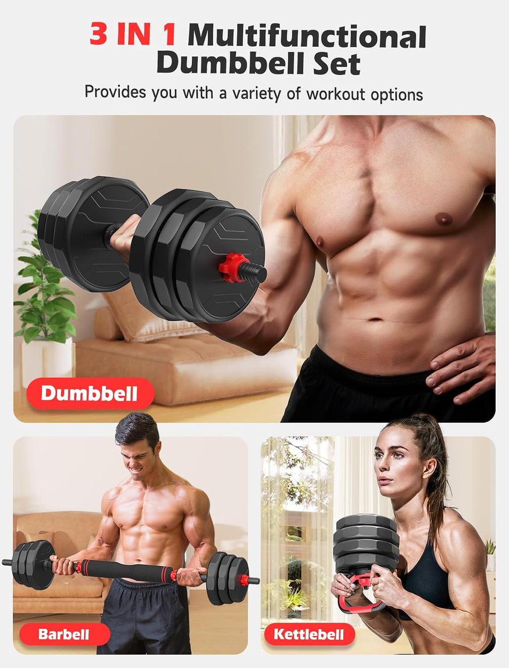 FITPLAM Adjustable dumbbell set,20/35/45/55/70/90lbs Free Weights set with upgraded nut, 5 in 1 Weight Set Used as Kettlebells, Barbell, Push up Stand, Fitness Exercise for Home Gym Suitable Men/Women