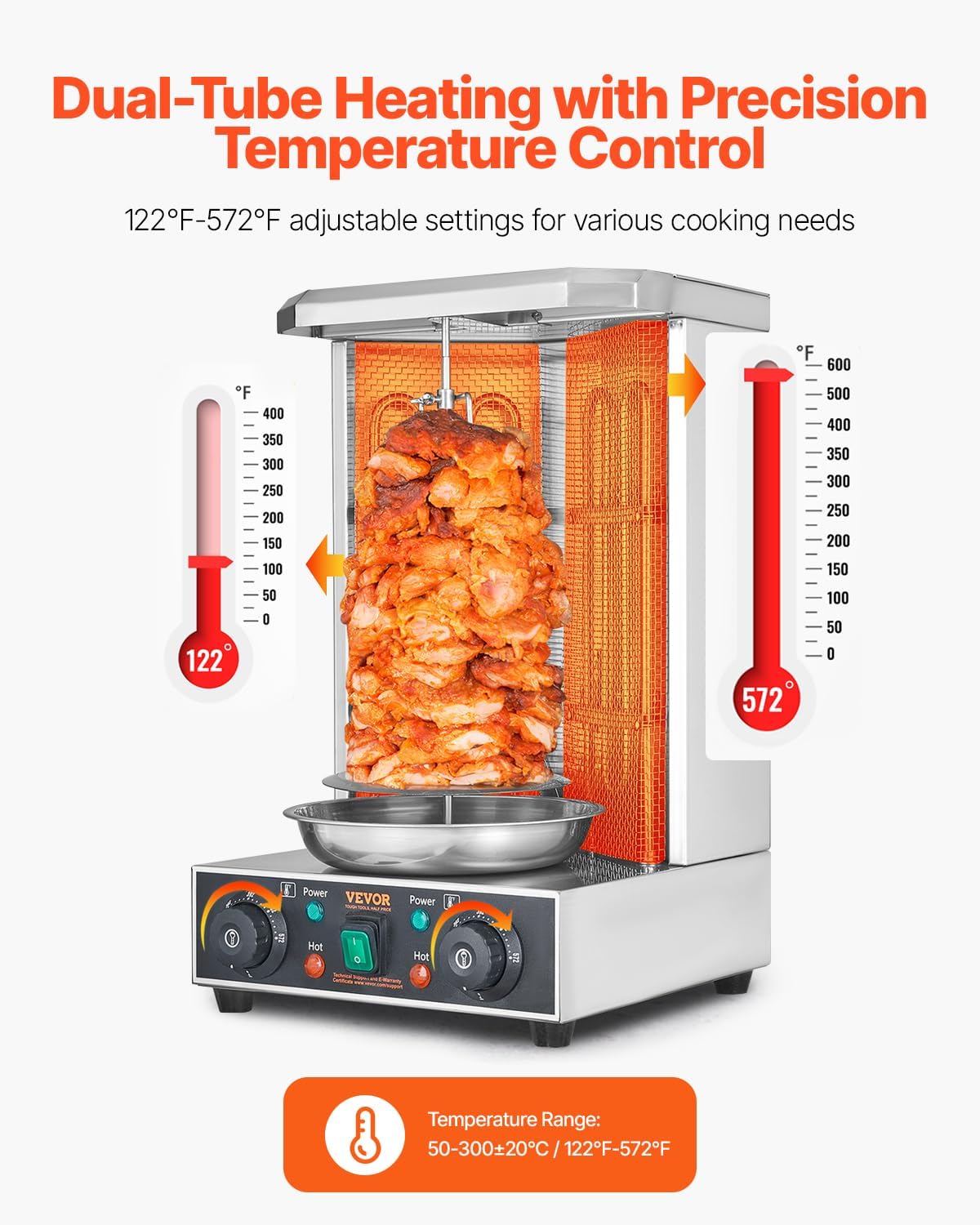 VEVOR Shawarma Grill Machine, 122°F-572°F, 13lbs Capacity, Chicken Shawarma Cooker Machine with 2 Burners, Stainless Steel, Electric Vertical Broiler Gyro Rotisserie Oven for Home and Commercial Use