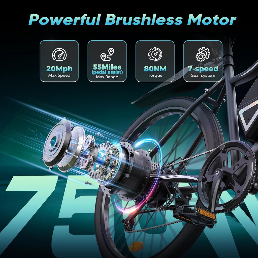 Electric Bike - Electric Bike for Adults, 1500w/1000W/750W Peak Motor, Up to 55 Miles, 20MPH EBike, 26'' Tires Lightweight E Bike for Commuting Mountain Road Sand