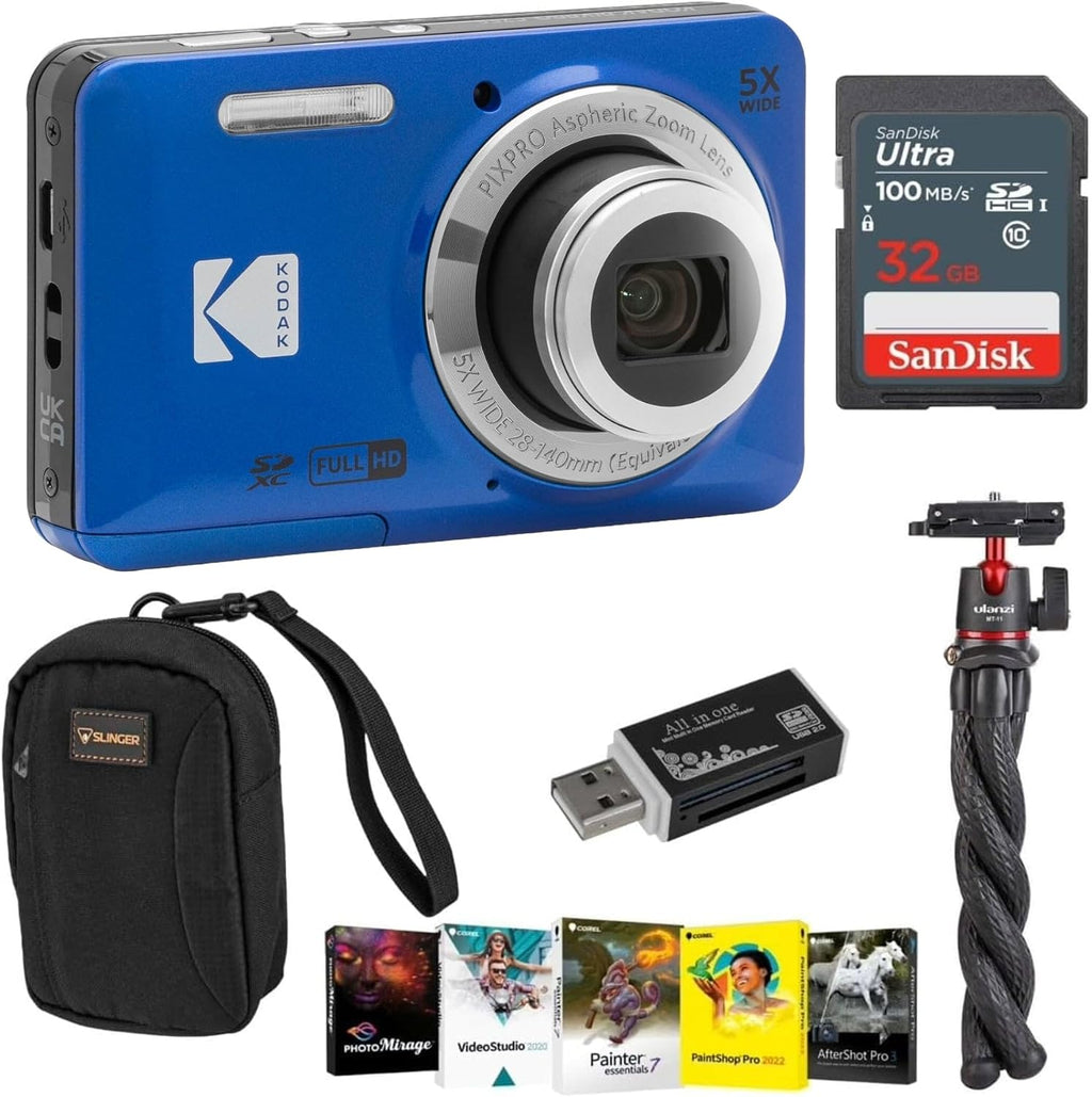 Kodak PIXPRO FZ55 Friendly Zoom Digital Camera, Bundle with 32GB Memory Card, Camera Bag, Tripod, Photo Editing Software, Card Reader (Blue)