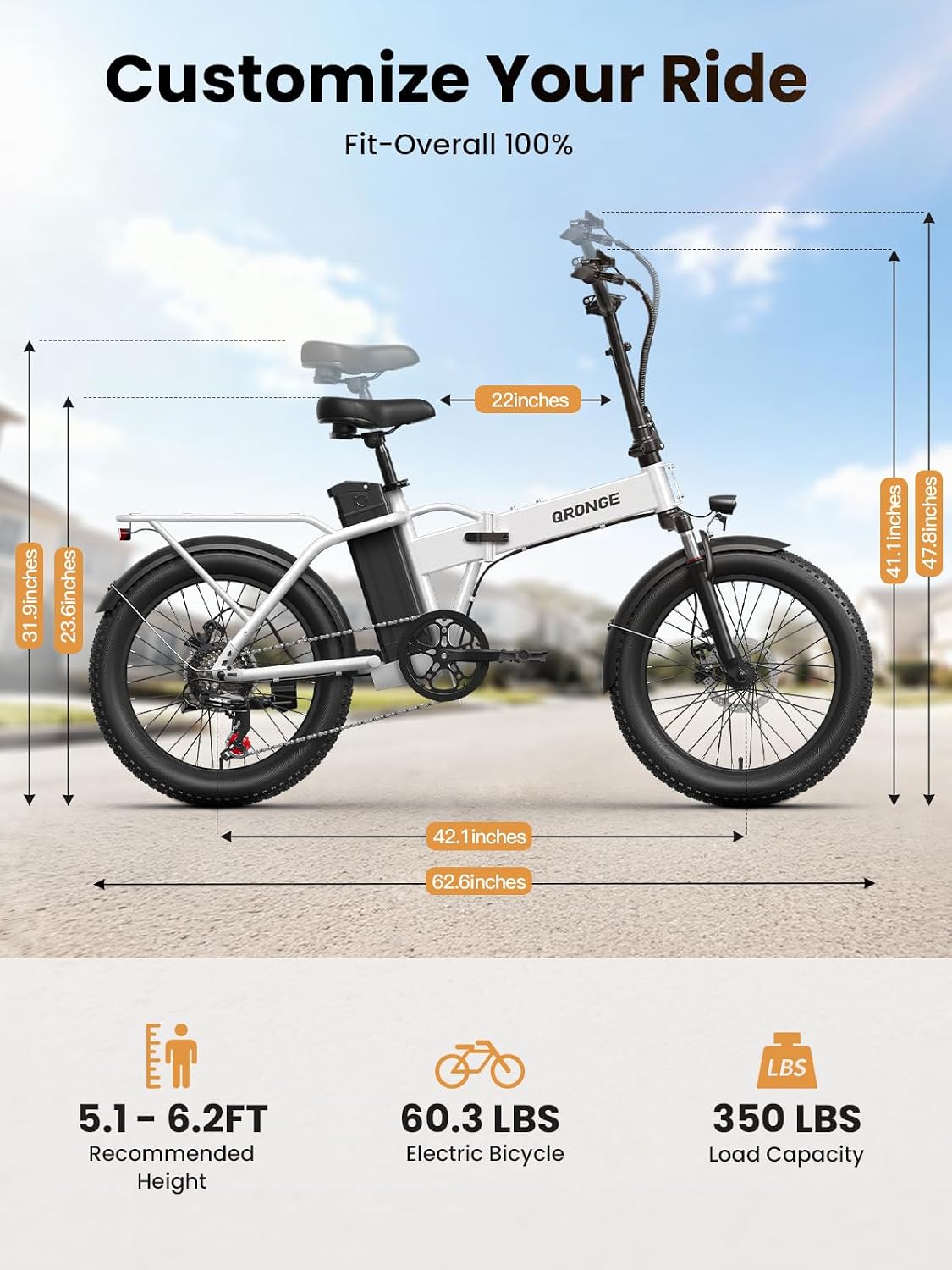 QRONGE Folding Electric Bike, E-Bike Foldable 1000W Peak, 48V 13.5AH Removable Battery Ebike, 20' Fat Tire, 70 Max Miles Range, 28maxMPH, Electric Bike for Adults, Adult Electric Bicycles for Commute