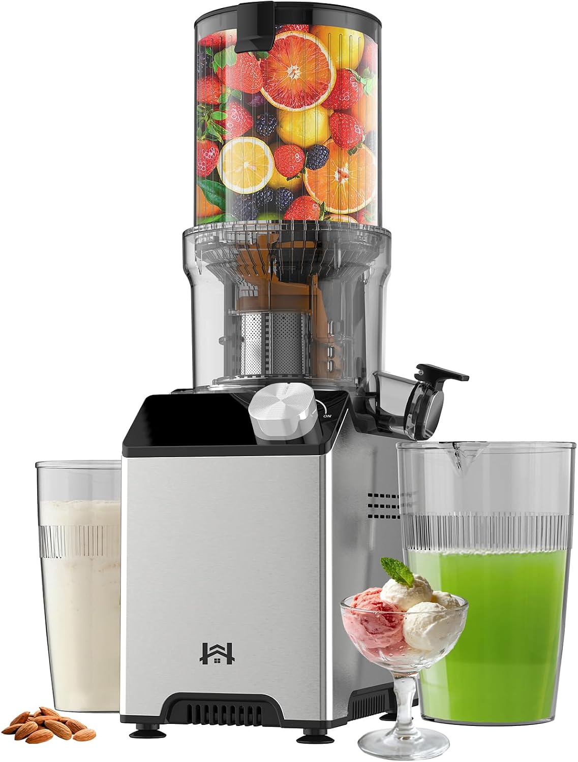 Cold Press Juicer, Wide Feed Chute Juicer Machines, Stainless Steel Slow Masticating Juicers Easy to Clean, Vegetables & Fruits Juice Extractor, High Juice Yield, Platinum Color Knob