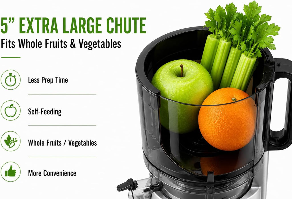 Zulay Kitchen Juicer Machine with 5' Wide Feed Chute, Cold Press Slow Masticating Juicer for Whole Fruits & Vegetables, Easy to Clean Stainless Steel Blades, High Juice Yield - Silver