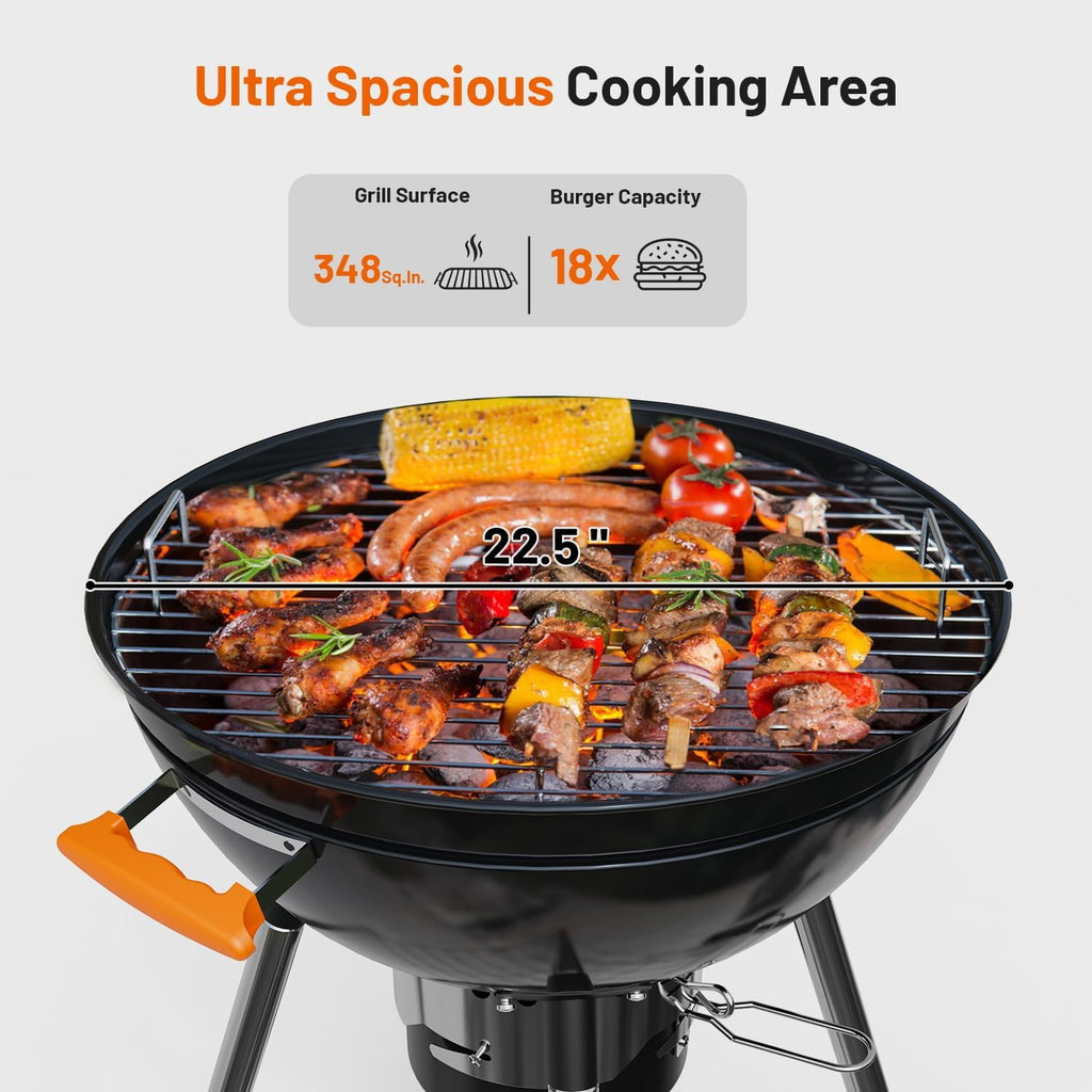 KEYO GRILL 22.5-inch Kettle Charcoal Grills, Portable Charcoal Grill with Adjustable Vents, One Click Cleaning System, Foldable Side Table Outdoor BBQ Grill for Camping, Tailgating and Backyard