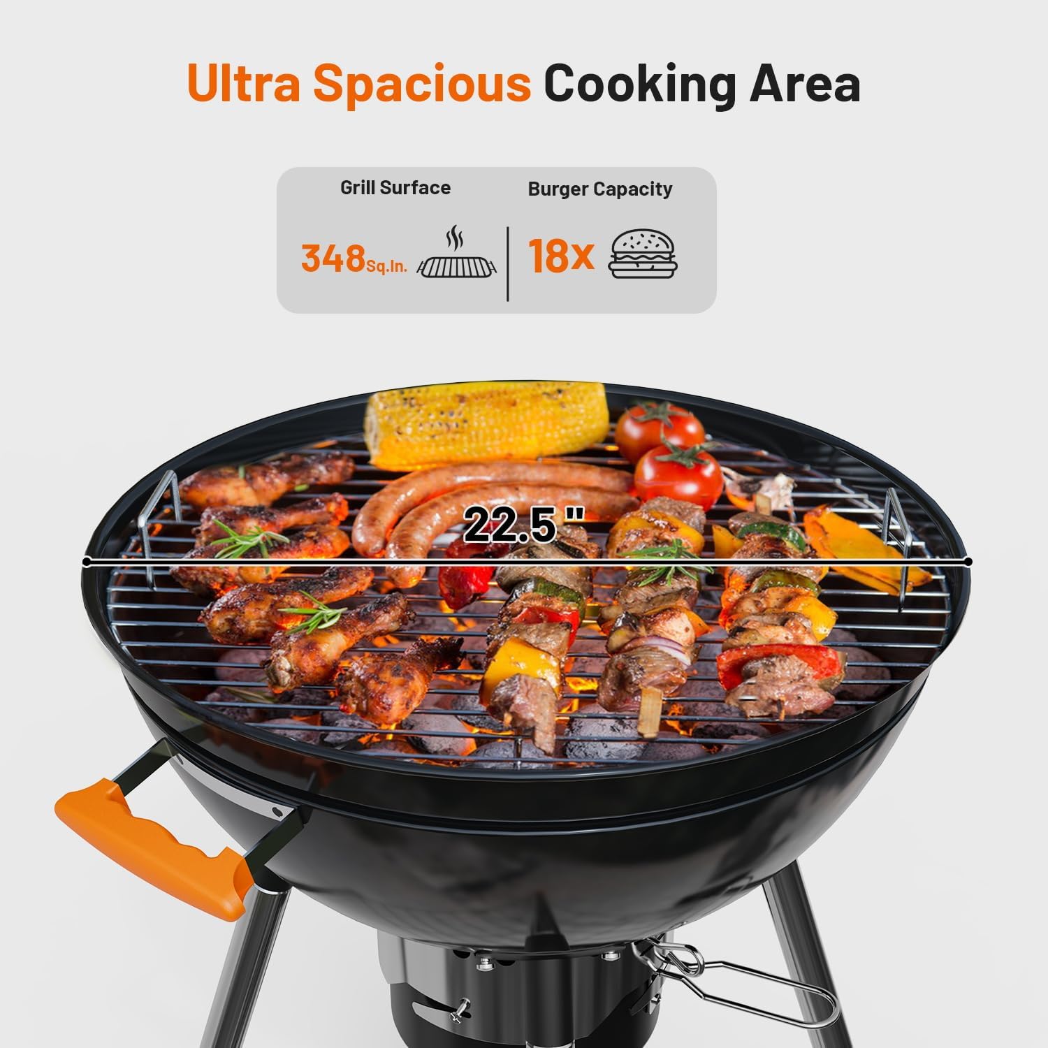 KEYO GRILL 22.5-inch Kettle Charcoal Grills, Portable Charcoal Grill with Adjustable Vents, One Click Cleaning System, Foldable Side Table Outdoor BBQ Grill for Camping, Tailgating and Backyard